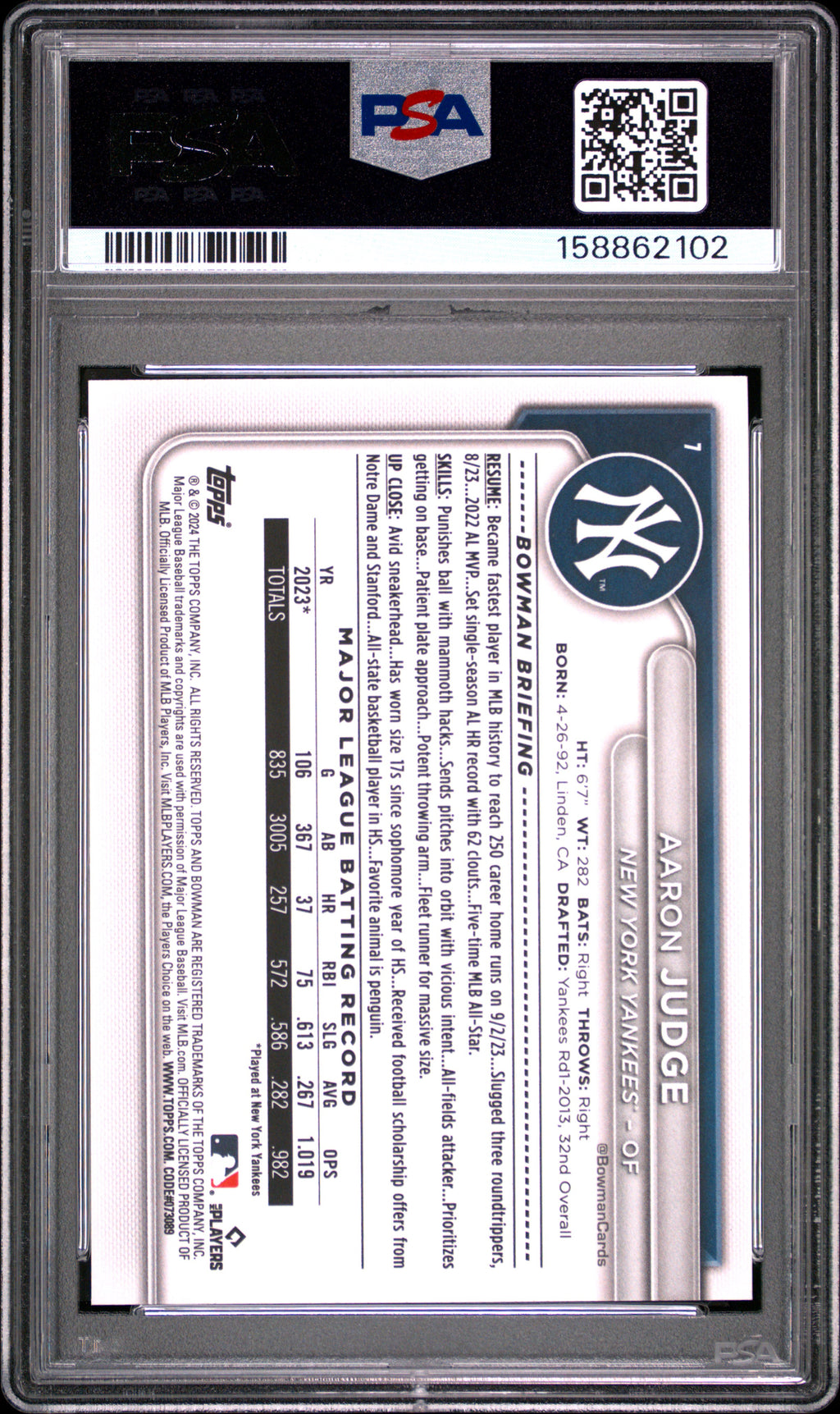 2024 Bowman #7 Aaron Judge PSA 9
