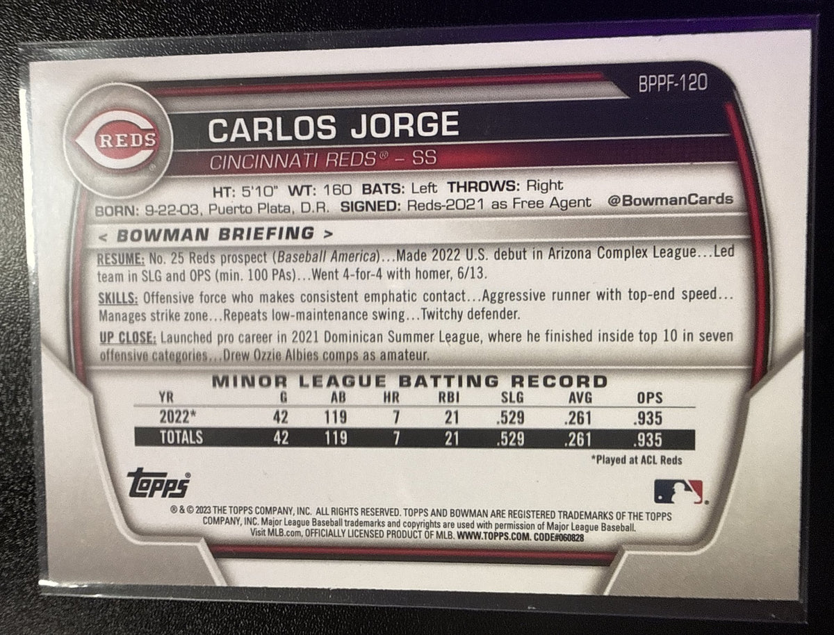2023 Bowman 1st Edition Carlos Jorge Black Foil #02/10 1st Bowman #BPPF-120 Reds