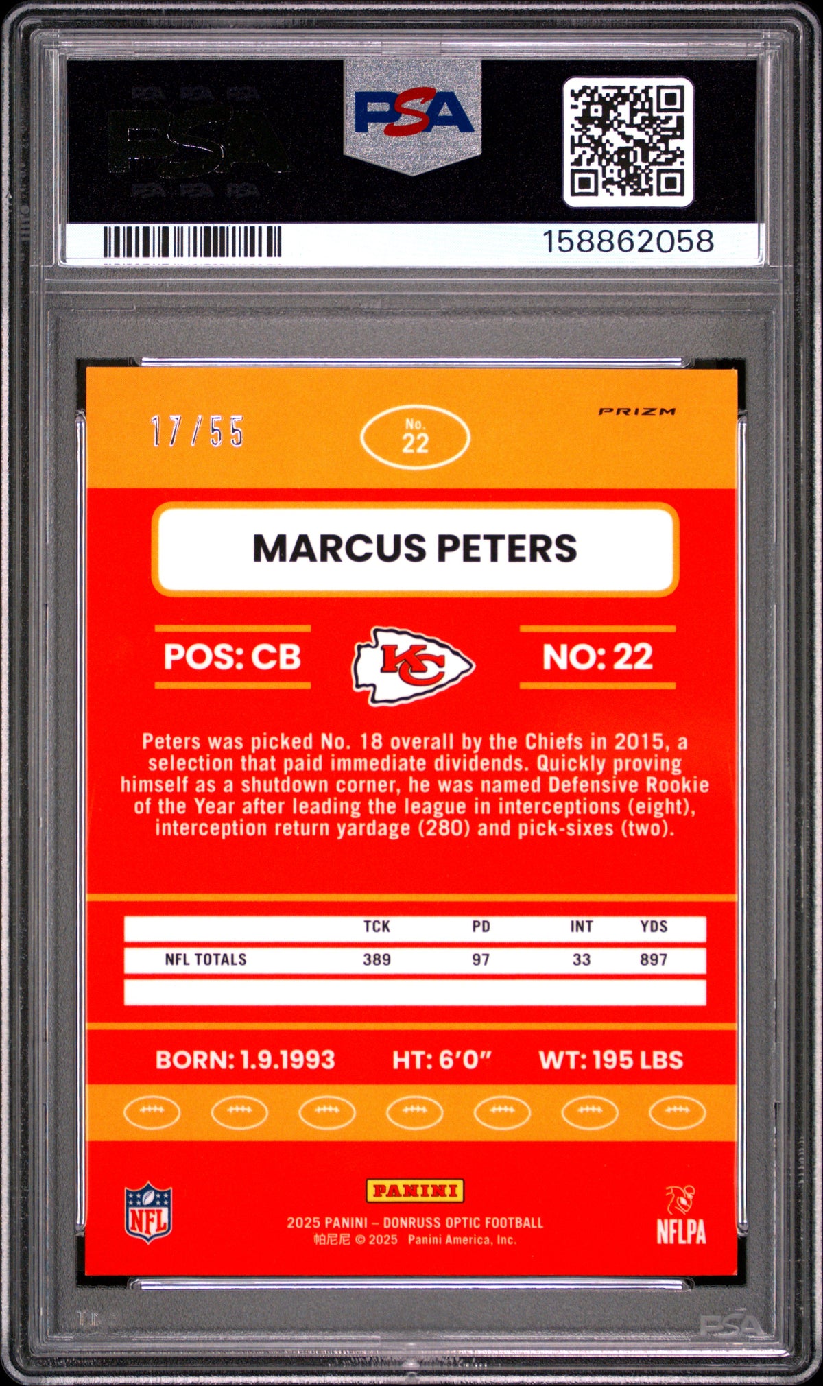 2025 Donruss Optic 2015 Retro #22 Marcus Peters Ice #17/55 PSA 10