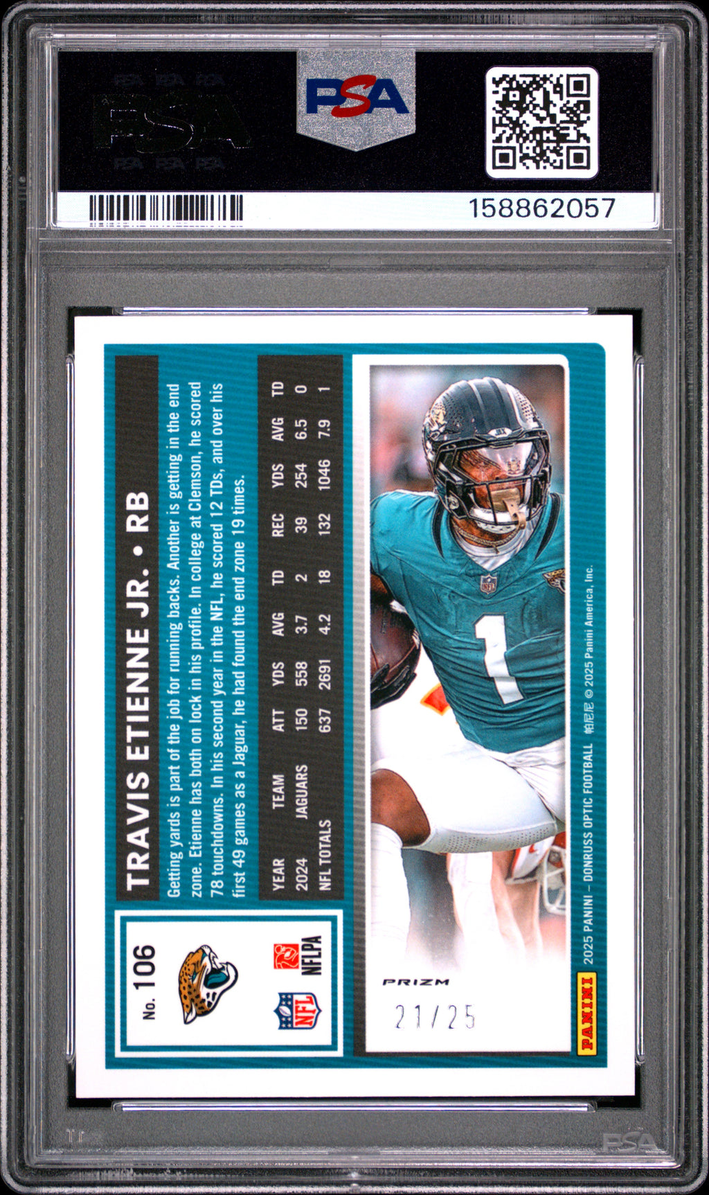 2025 Donruss Optic #106 Travis Etienne Jr. Black Pandora #21/25 PSA 9