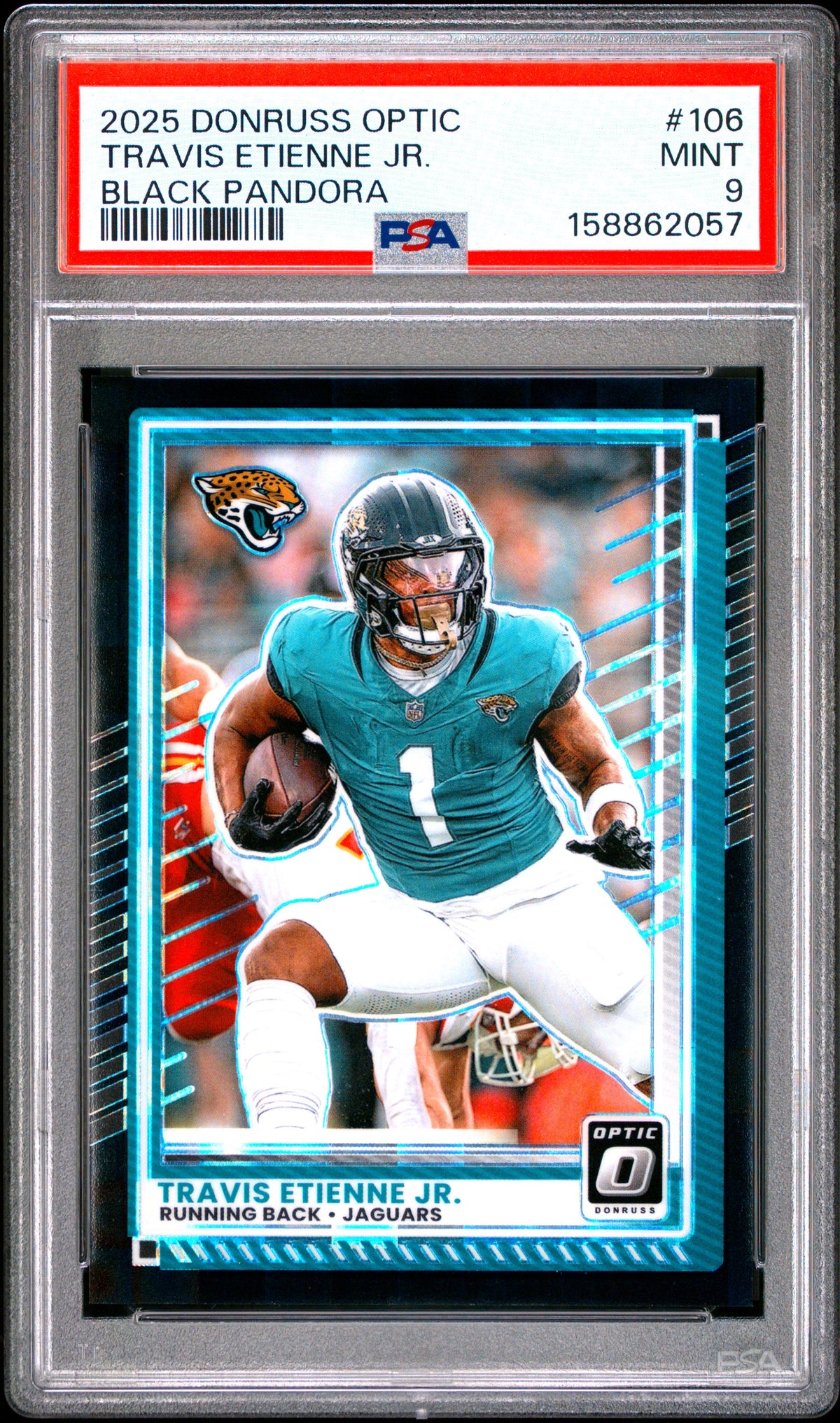 2025 Donruss Optic #106 Travis Etienne Jr. Black Pandora #21/25 PSA 9