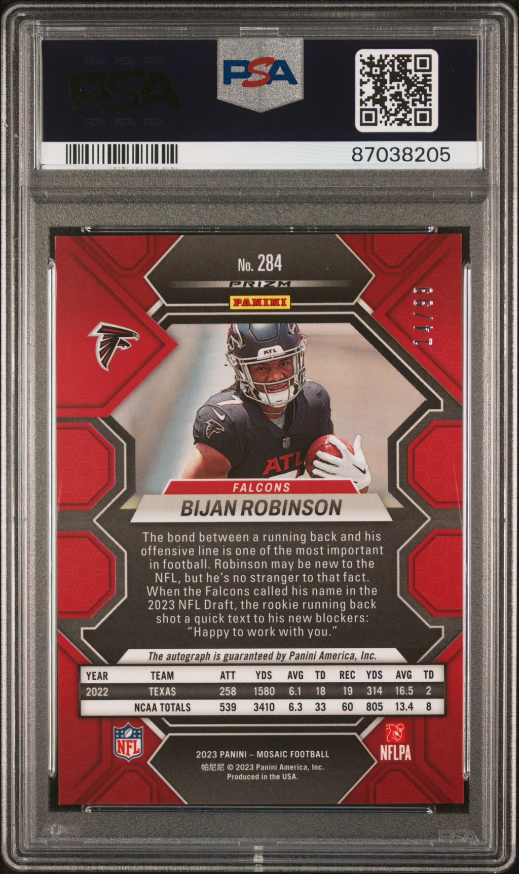 2023 Panini Mosaic #284 Bijan Robinson RC Auto Blue #14/99 PSA 10