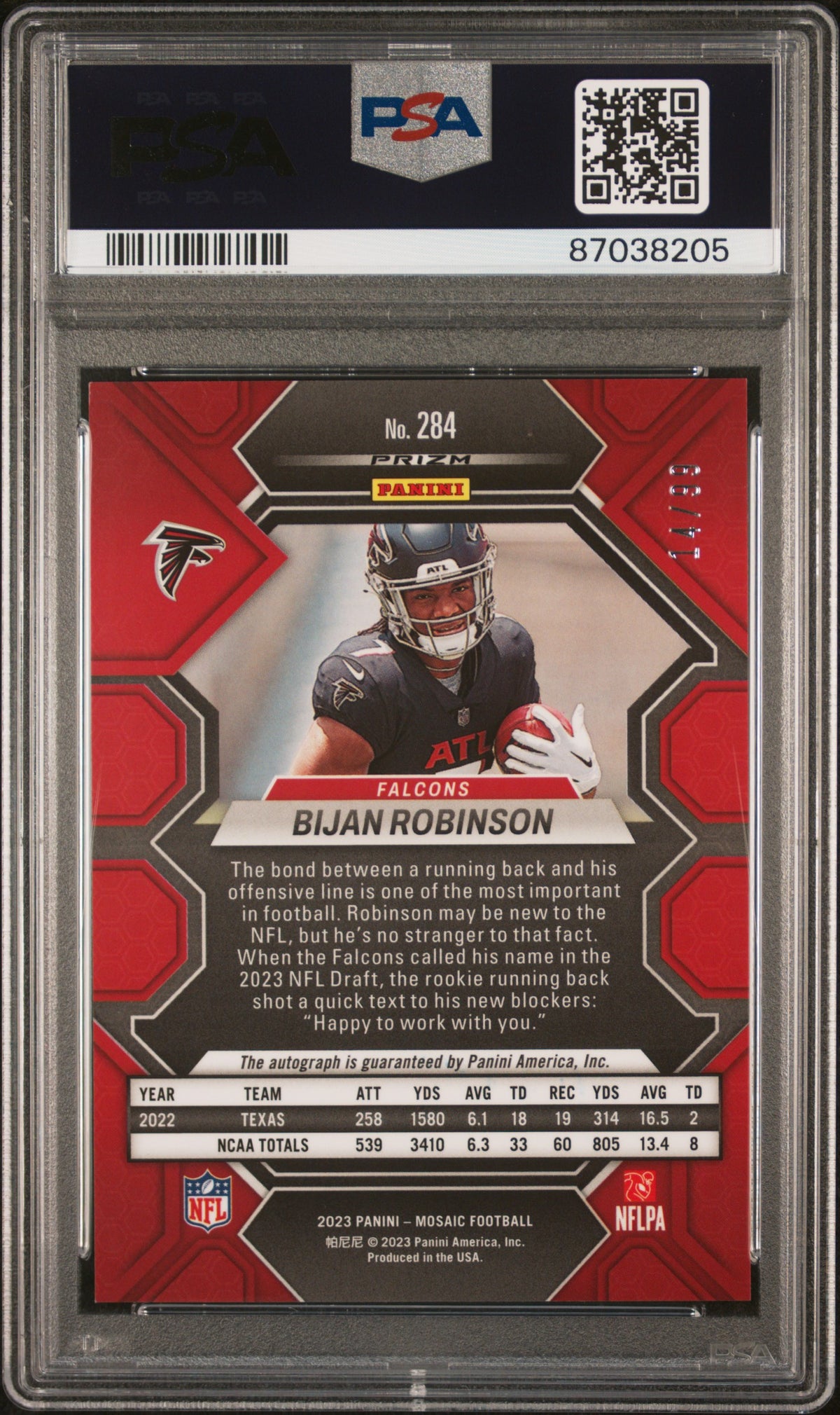 2023 Panini Mosaic #284 Bijan Robinson RC Auto Blue #14/99 PSA 10