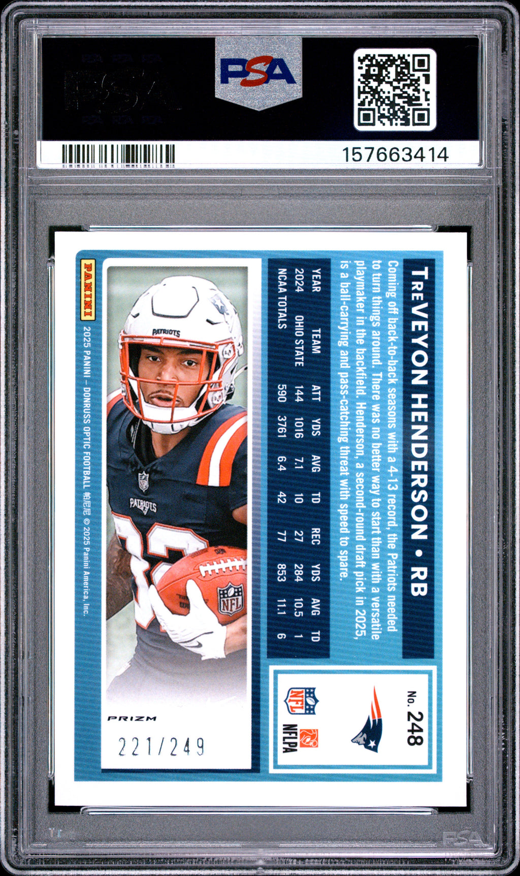 2025 Donruss Optic #248 TreVeyon Henderson RC Blue #221/249 PSA 9