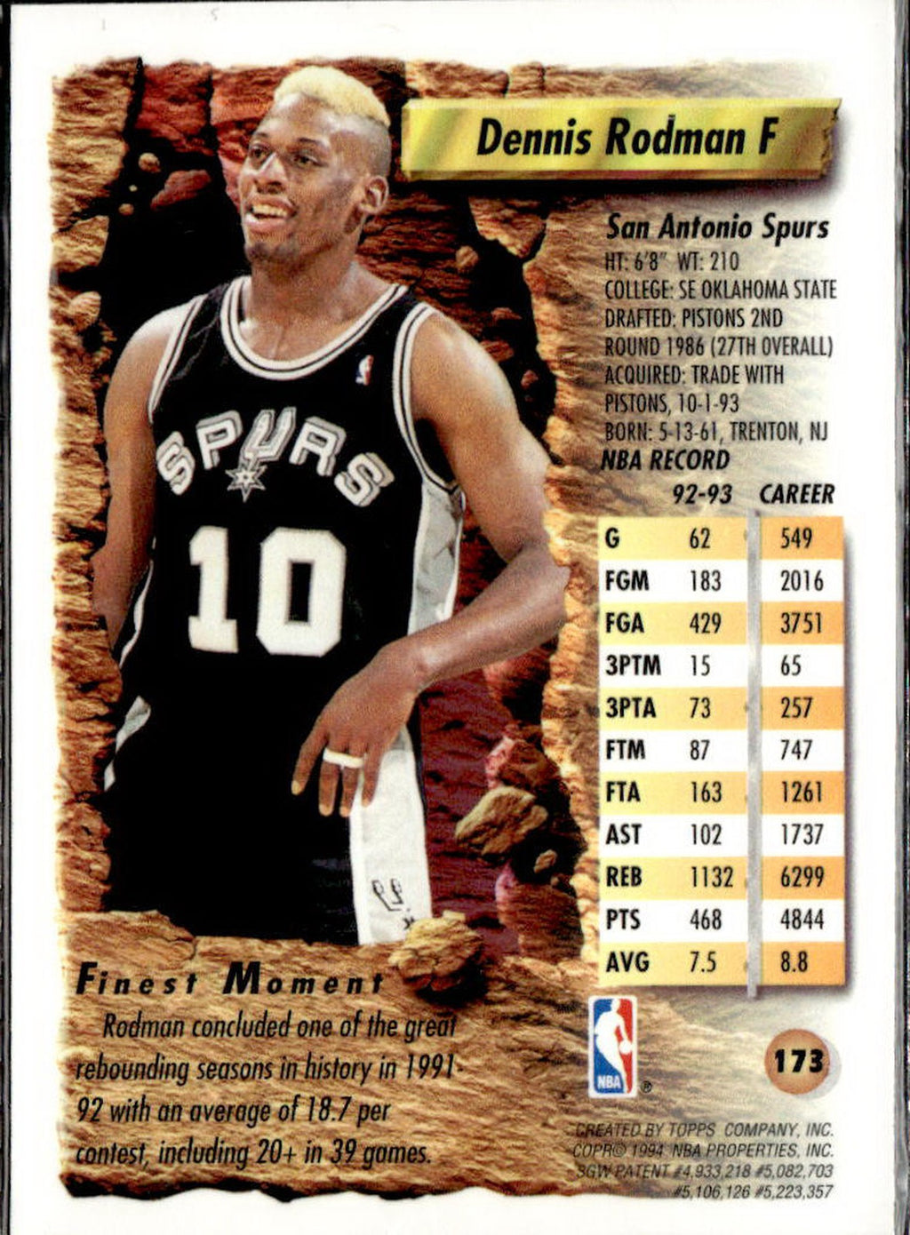 1993-94 Topps Finest Dennis Rodman #173 Refractor Spurs