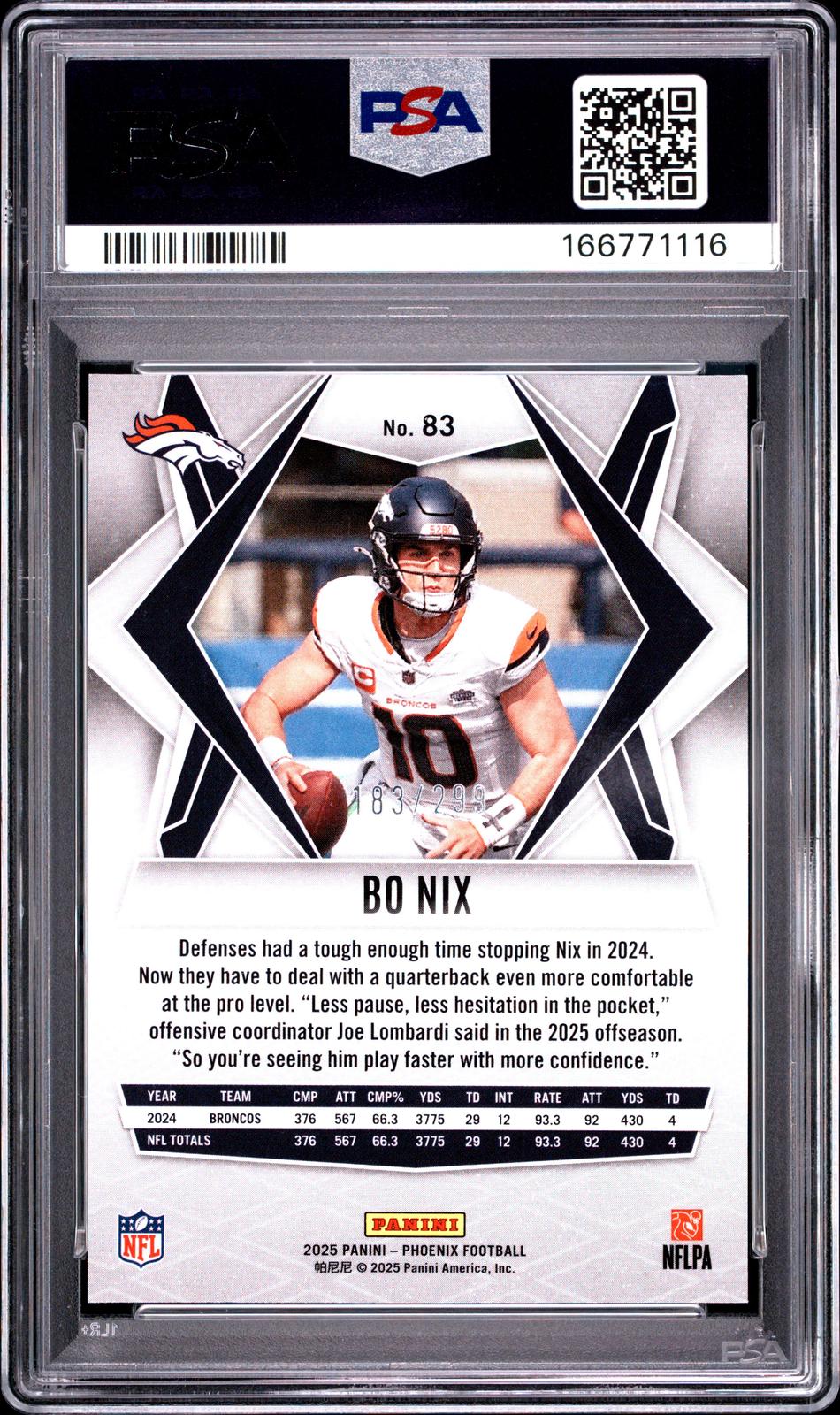 2025 Panini Phoenix #83 Bo Nix Pink Winter PSA 10