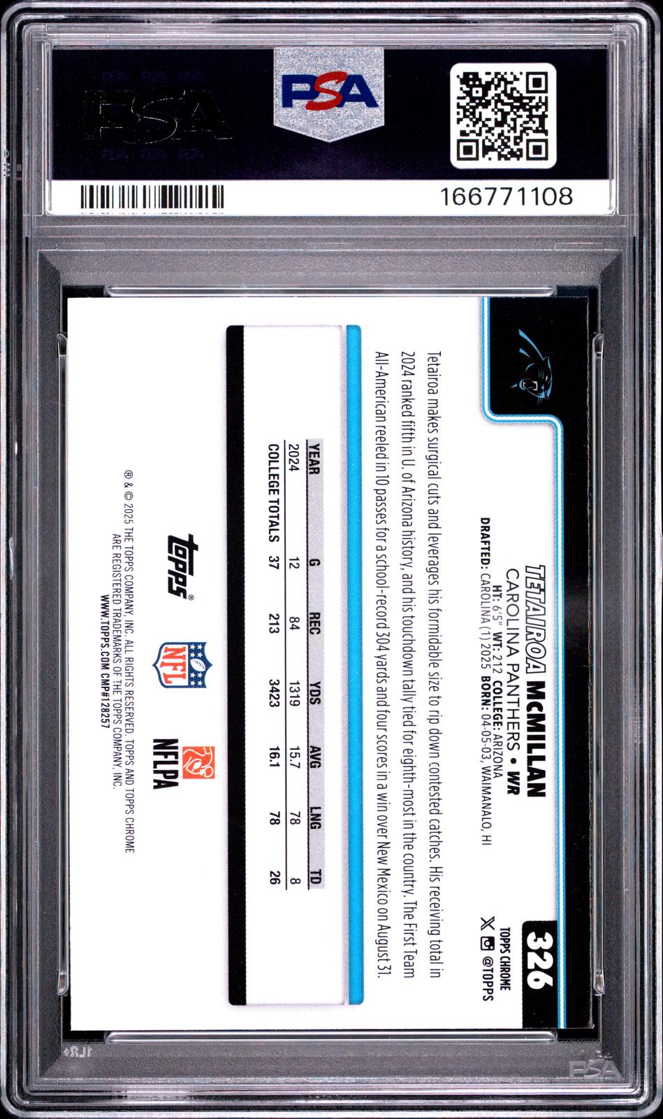 2025 Topps Chrome #326 Tetairoa Mcmillan Pulsar PSA 8