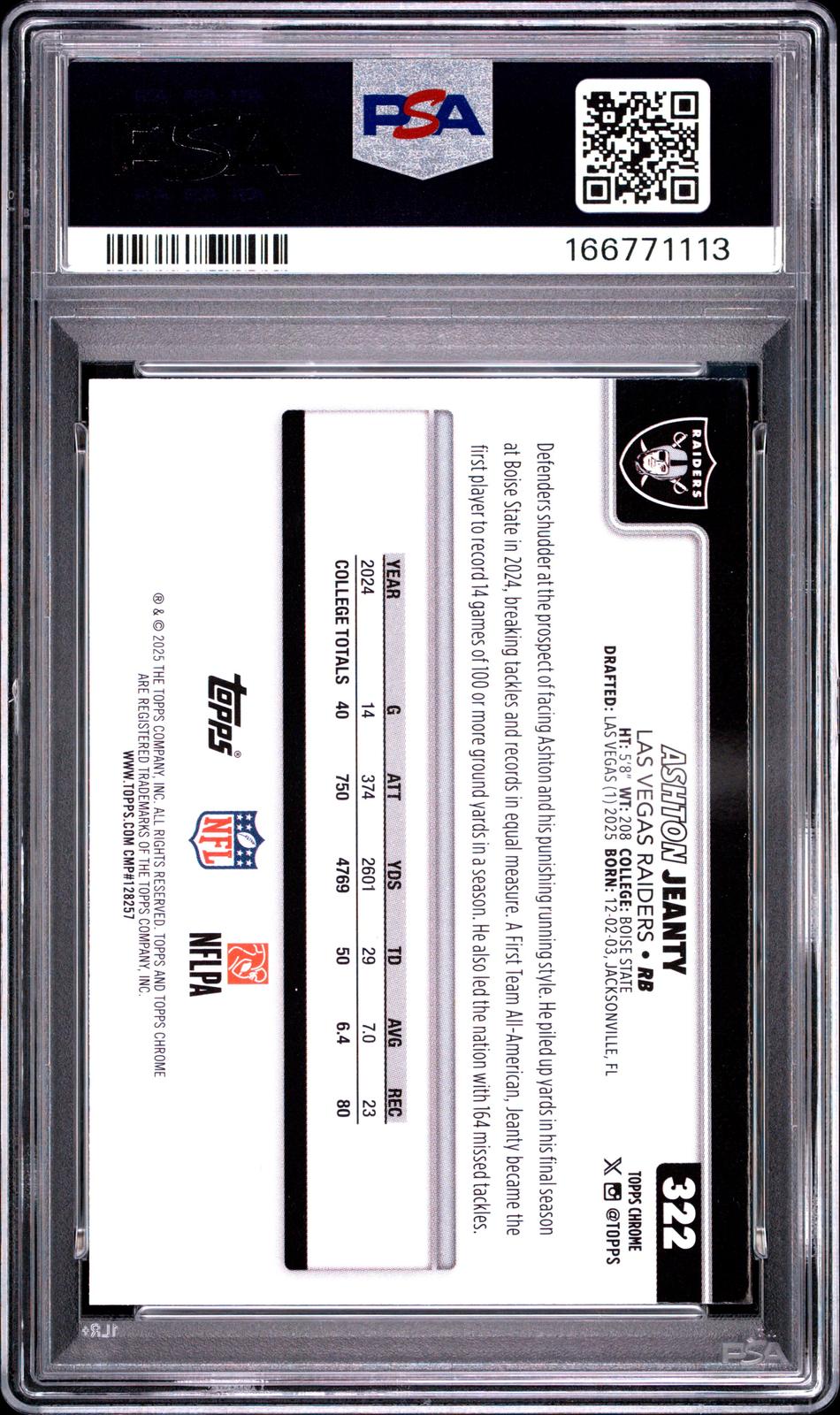 2025 Topps Chrome #322 Ashton Jeanty Pulsar PSA 8