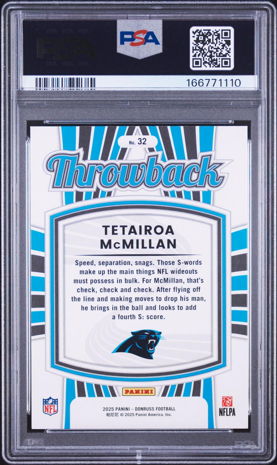 2025 Panini Donruss Rated Rookies Throwback #32 Tetairoa Mcmillan PSA 10
