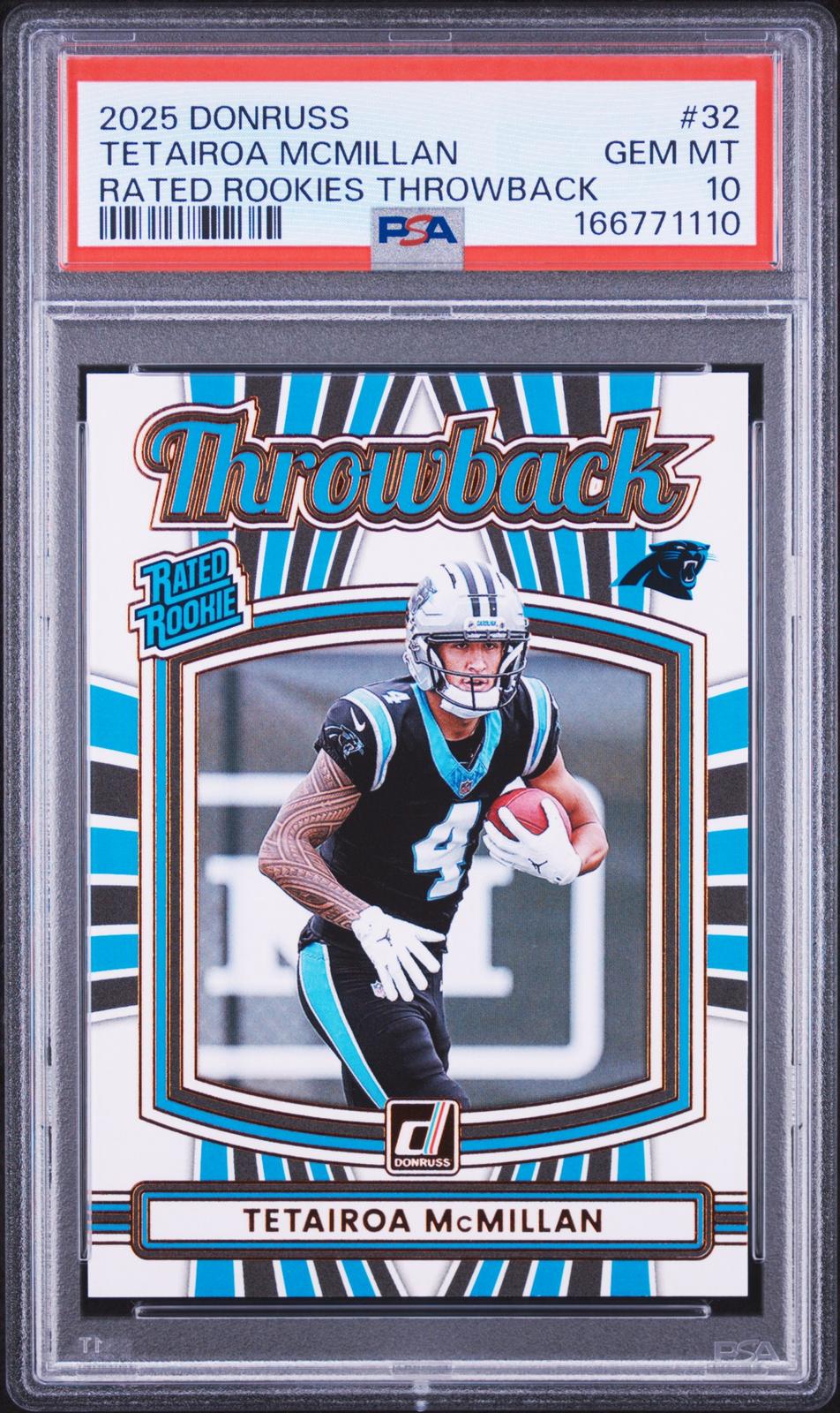 2025 Panini Donruss Rated Rookies Throwback #32 Tetairoa Mcmillan PSA 10