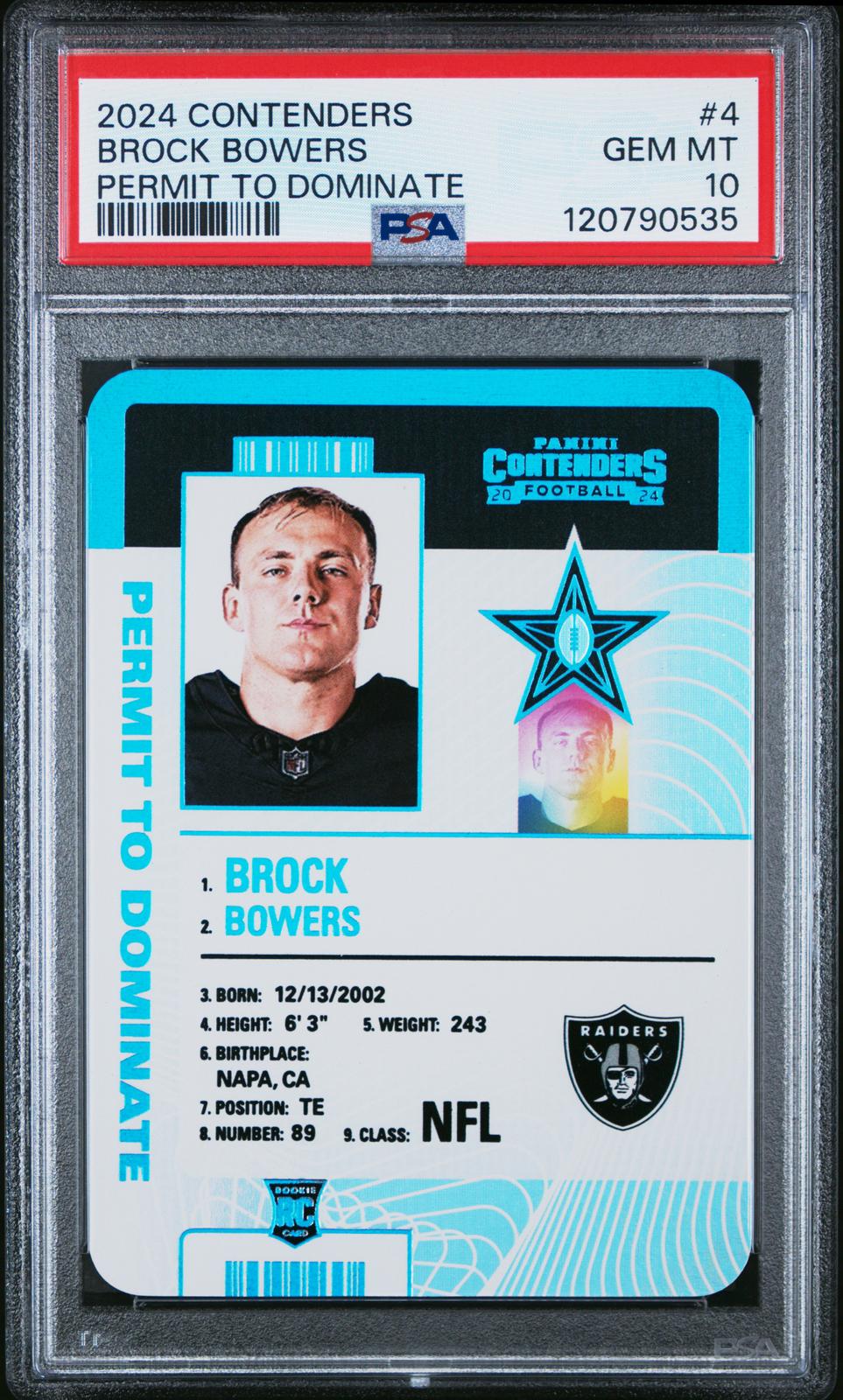 2024 Panini Contenders Permit To Dominate #4 Brock Bowers PSA 10