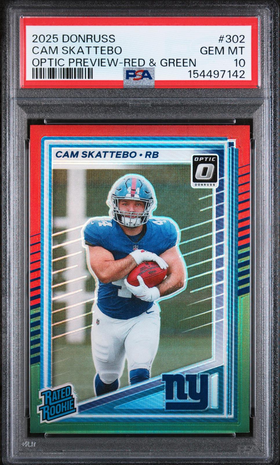 2025 Panini Donruss #302 Cam Skattebo Optic Preview-Red & Green PSA 10