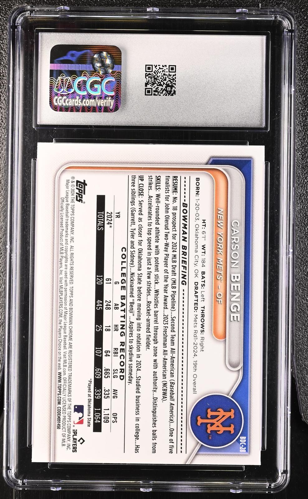 2024 Draft #BDC-28 Carson Benge Chrome CGC 9.5