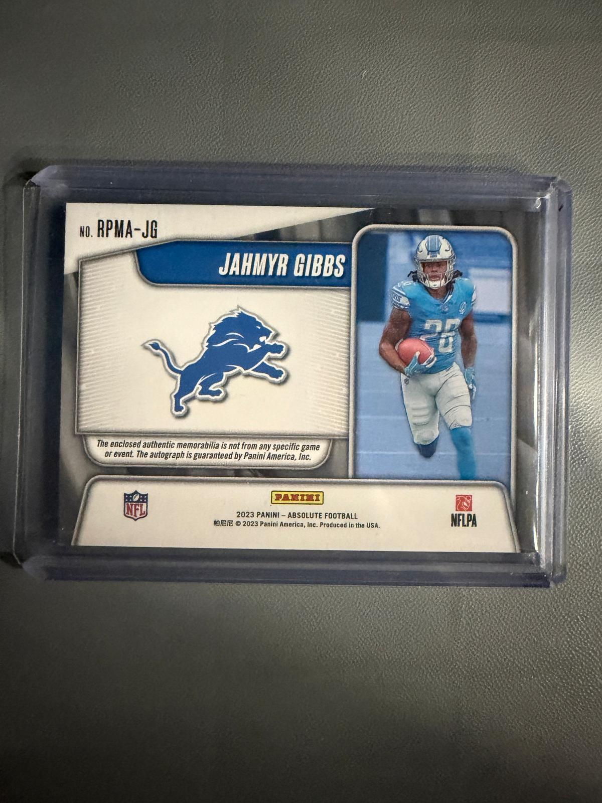 2023 Absolute Jahmyr Gibbs 1/1 Rookie Premiere Materials Auto RPMA-JG One of One