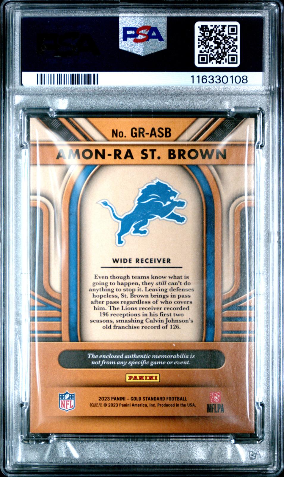 2023 Gold Standard Gold Rush Memorabilia #GRASB /299 Amon-Ra St. Brown PSA 8