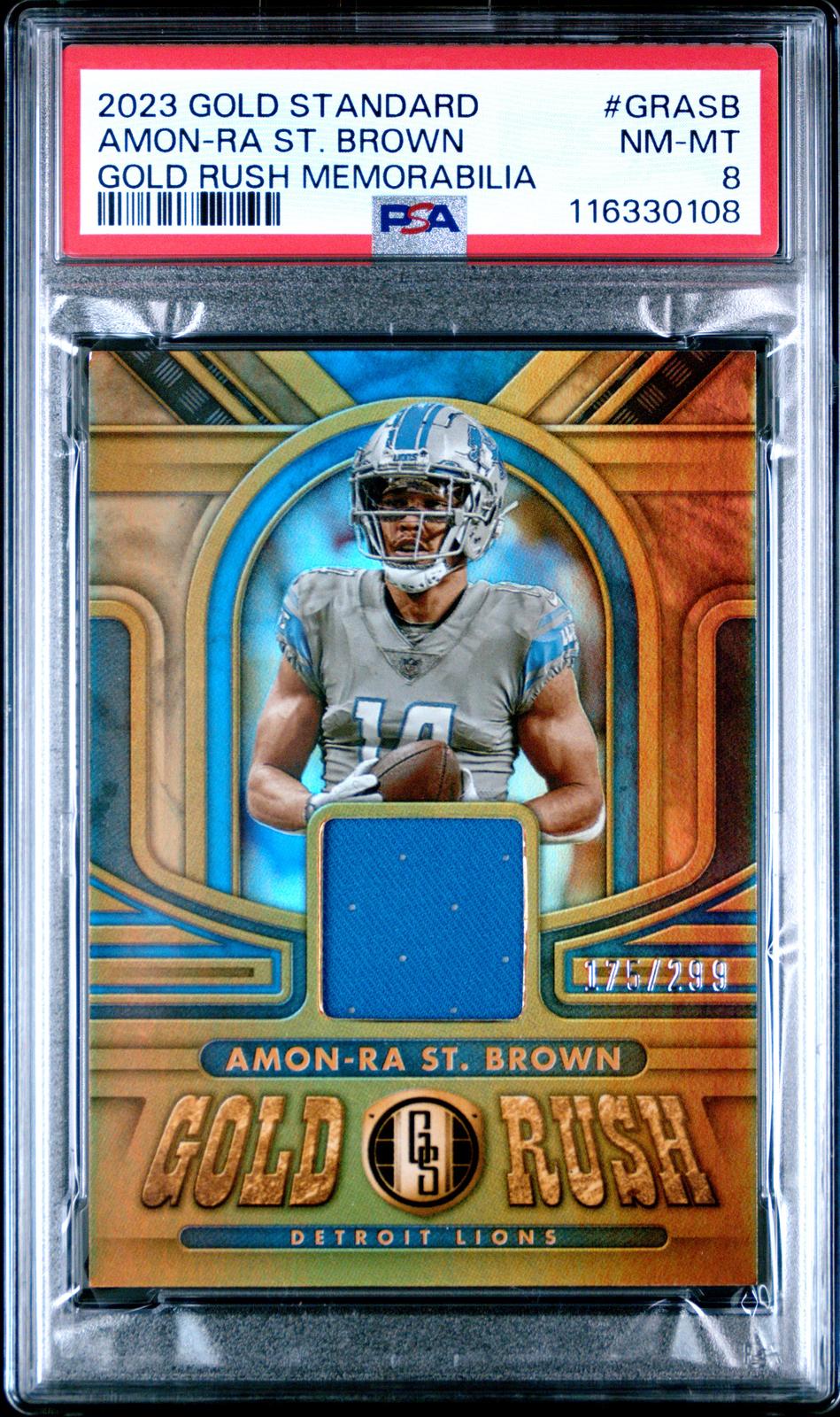 2023 Gold Standard Gold Rush Memorabilia #GRASB /299 Amon-Ra St. Brown PSA 8