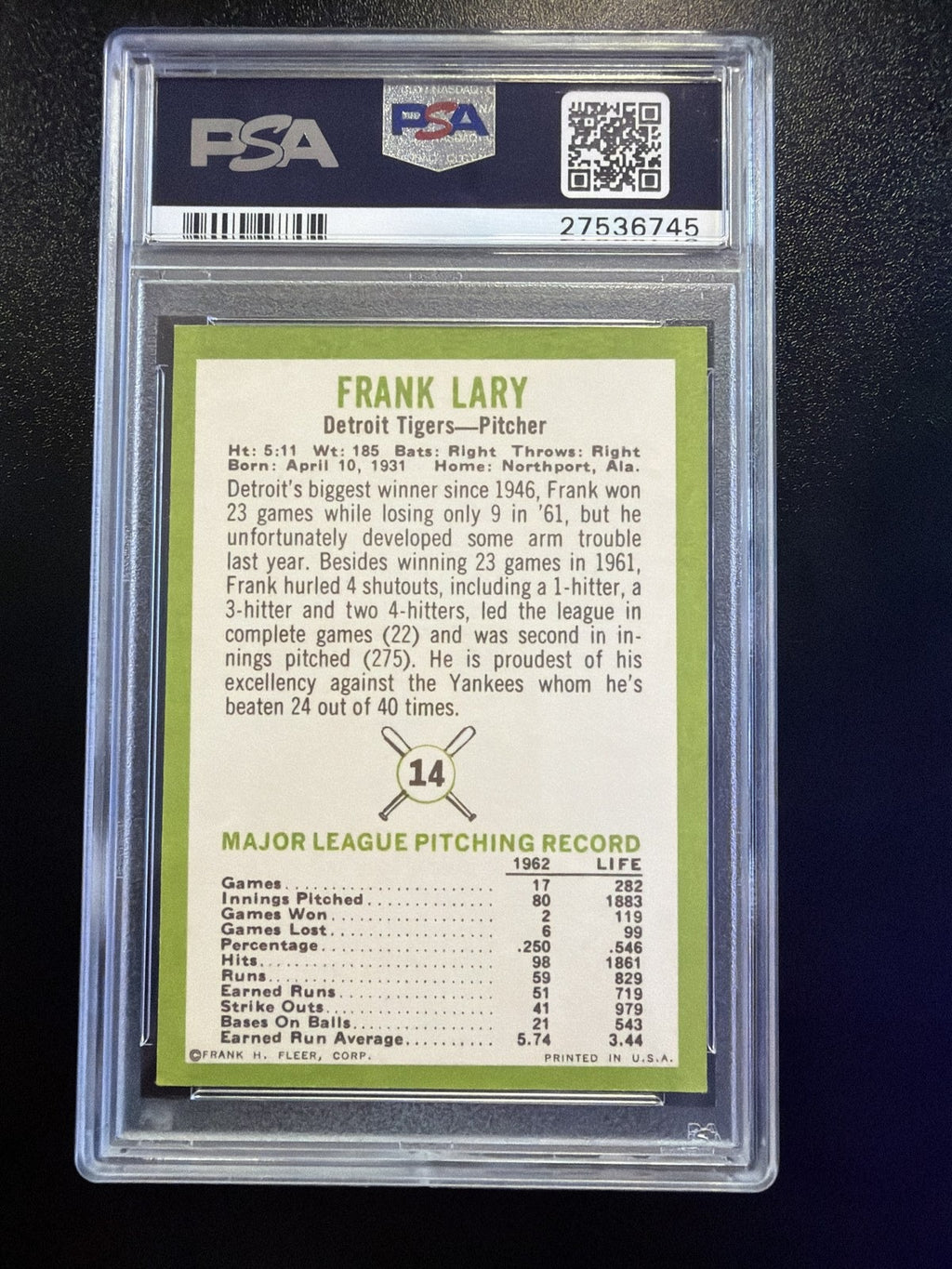1963 Fleer #14 Frank Lary PSA 6