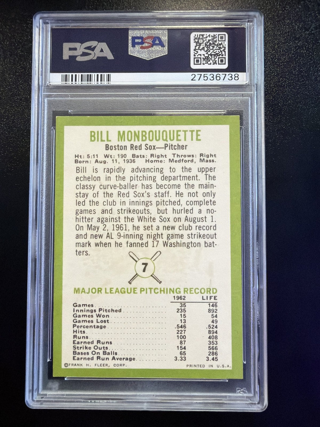 1963 Fleer #7 Bill Monbouquette PSA 6
