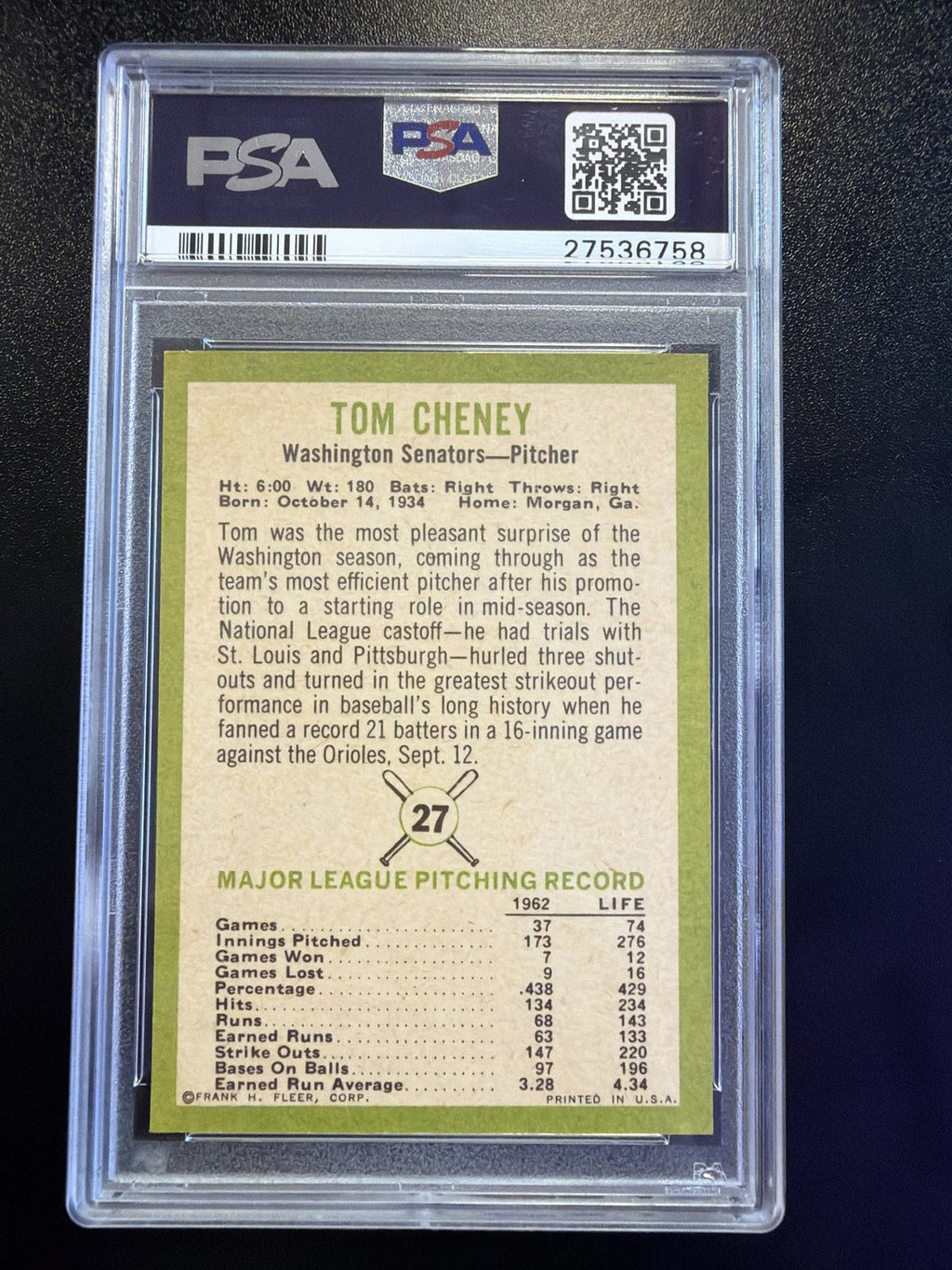 1963 Fleer #27 Tom Cheney PSA 7