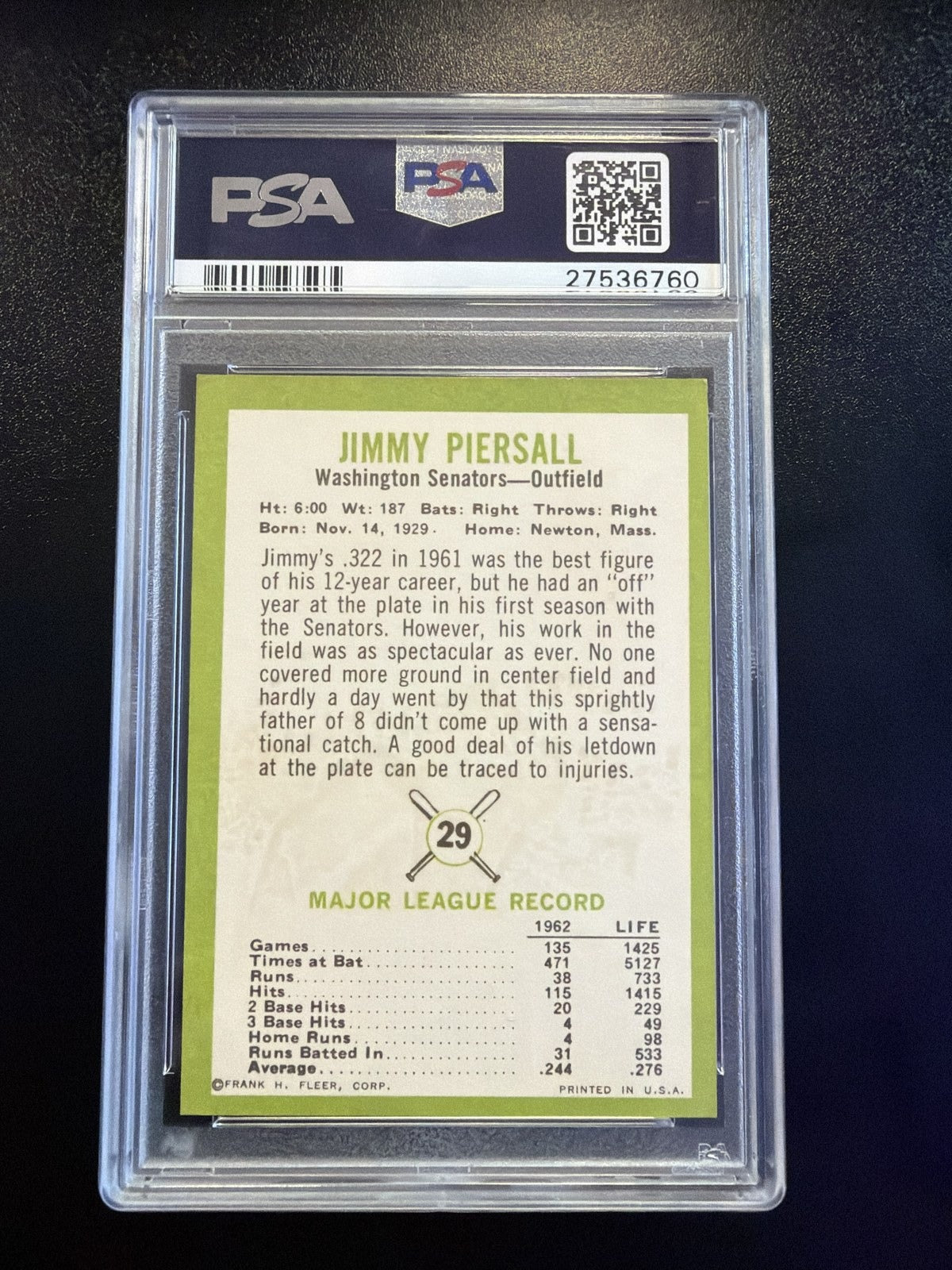 1963 Fleer #29 Jimmy Piersall PSA 6.5