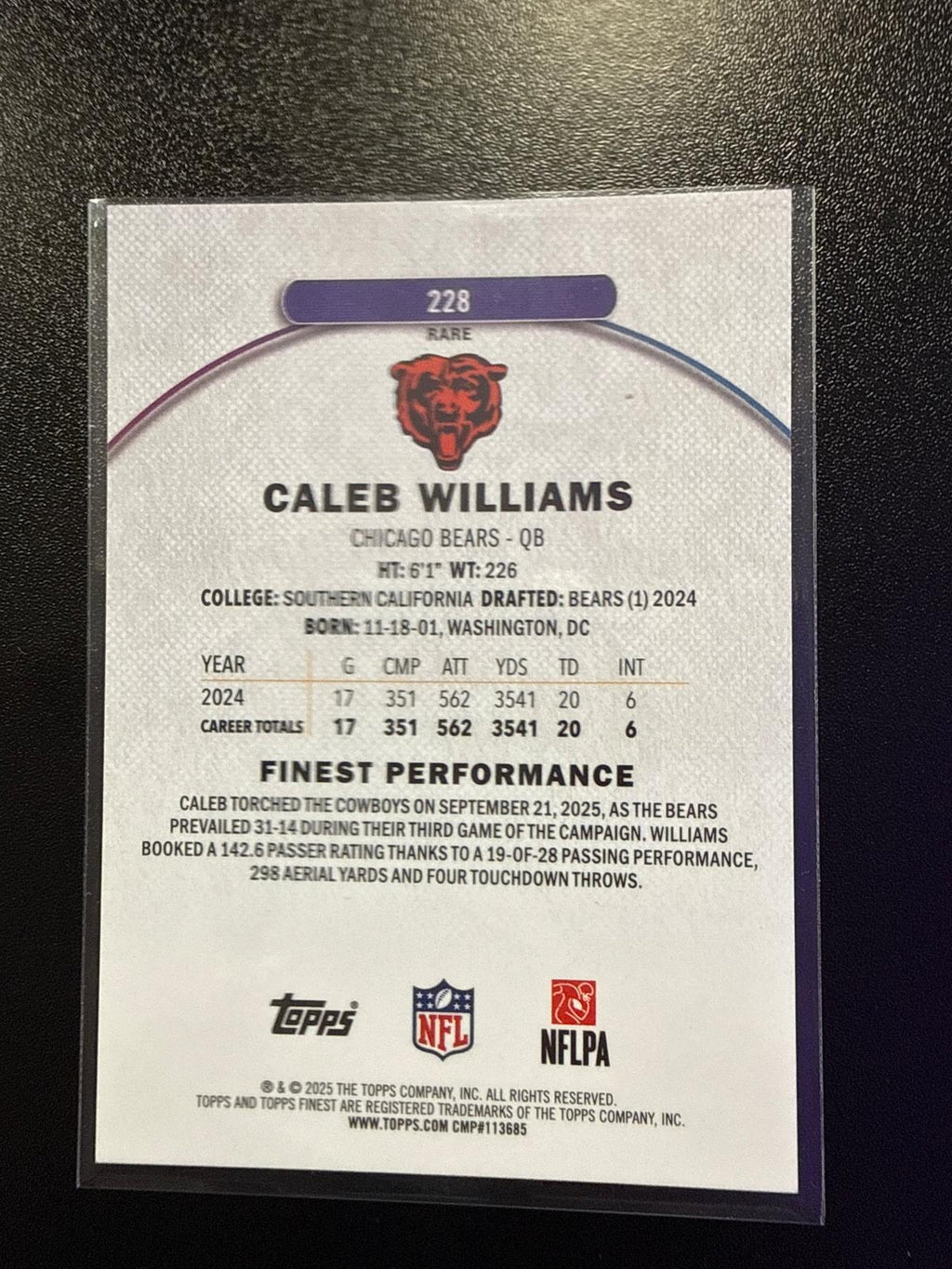 2025 Topps Finest #228 Caleb Williams Green #09/25 Bears DS-R-000006