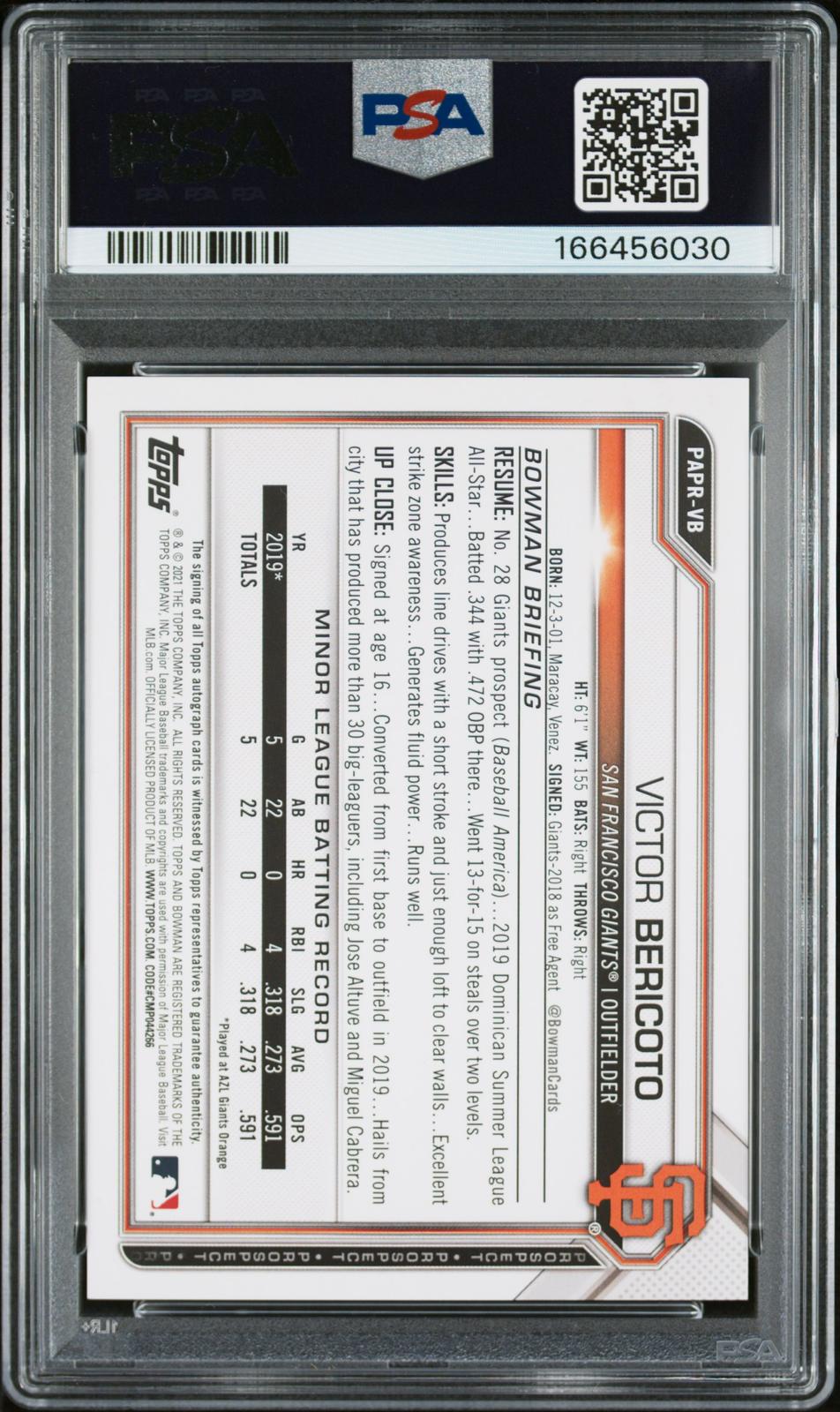 2021 Bowman Paper Prospect Auto #VB Victor Bericoto PSA 9