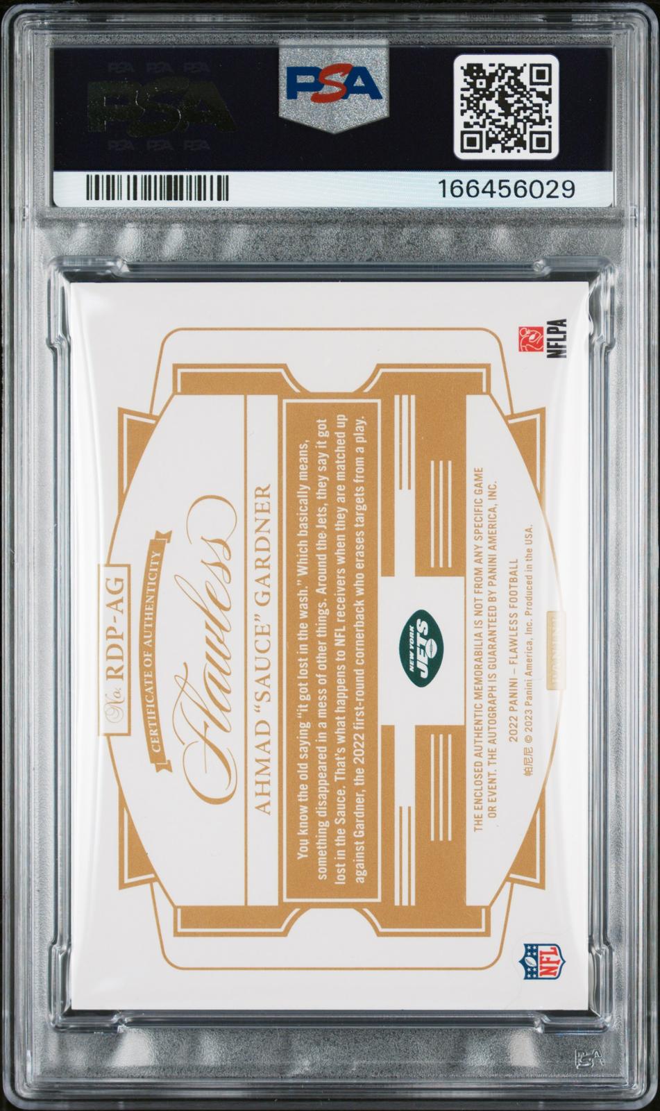 2022 Flawless Rookie Dual Patch Auto Bronze /6 Sauce Gardner RC PSA 7
