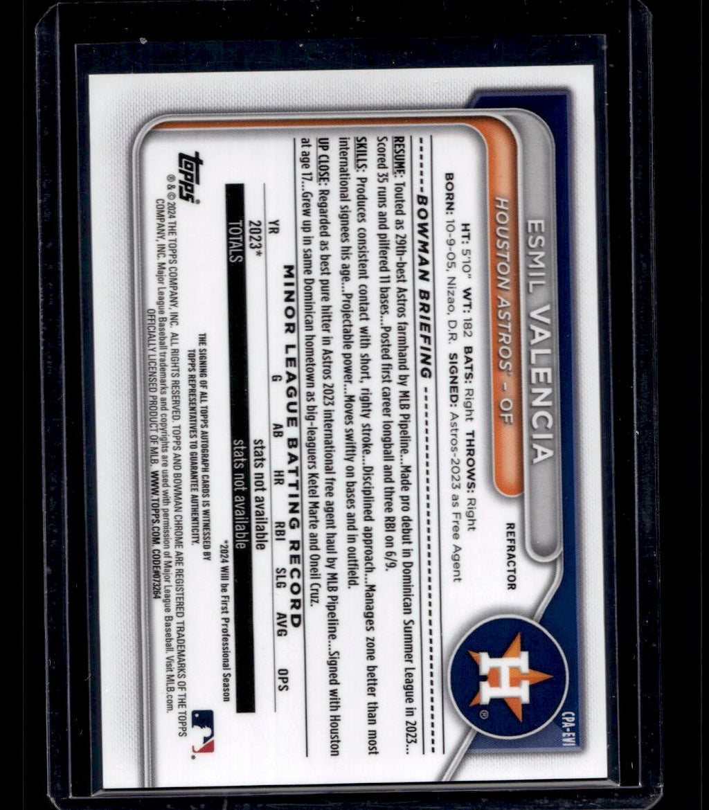 2024 Bowman #CPA-EVI Esmil Valencia Chrome Prospect Autographs Refractors #/499