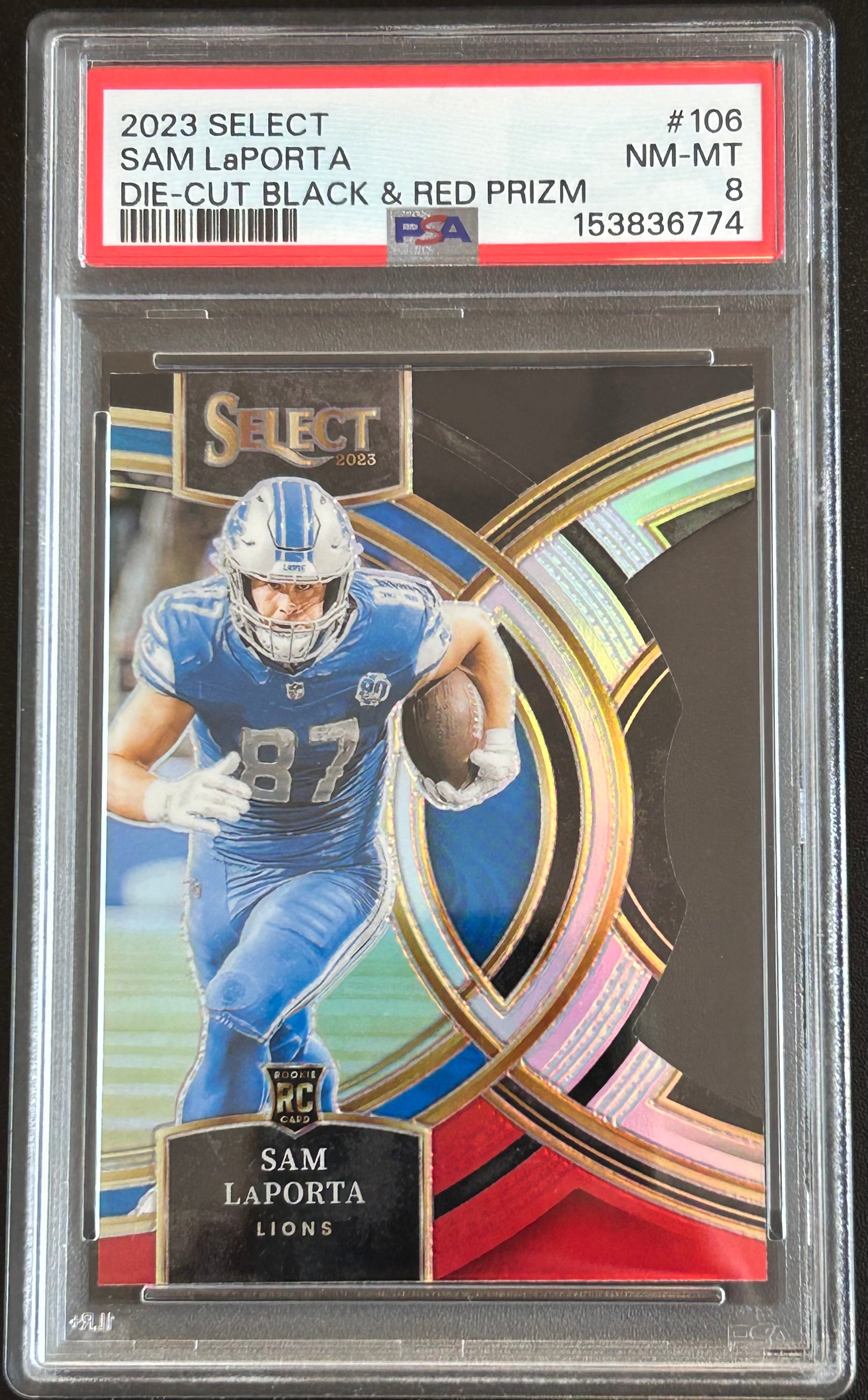 Sam LaPorta 2023 Panini Select #106 Die-Cut Black & Red Prizm PSA 8