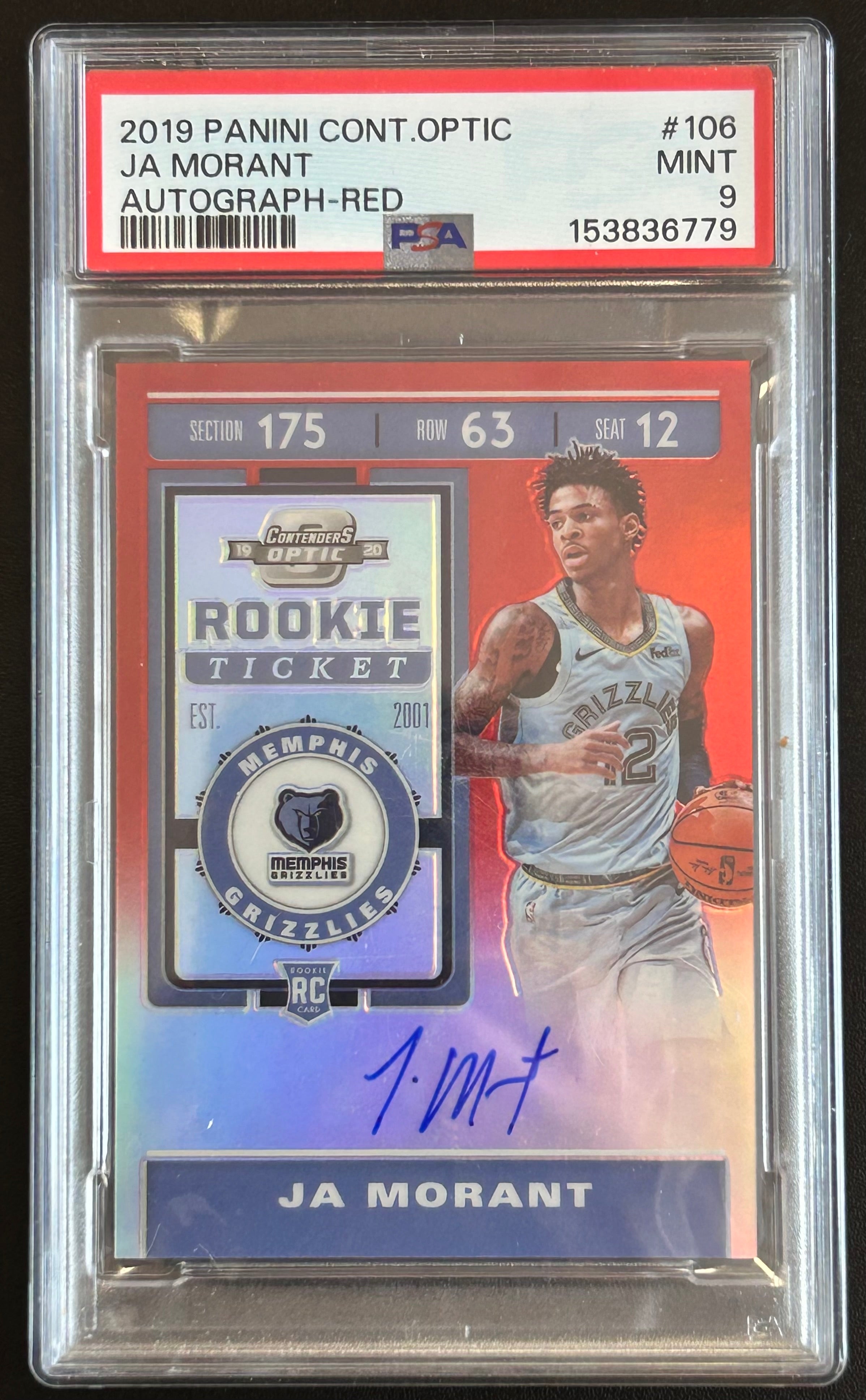Ja Morant 2019 Panini Cont. Optic #106 Autograph Red PSA 9