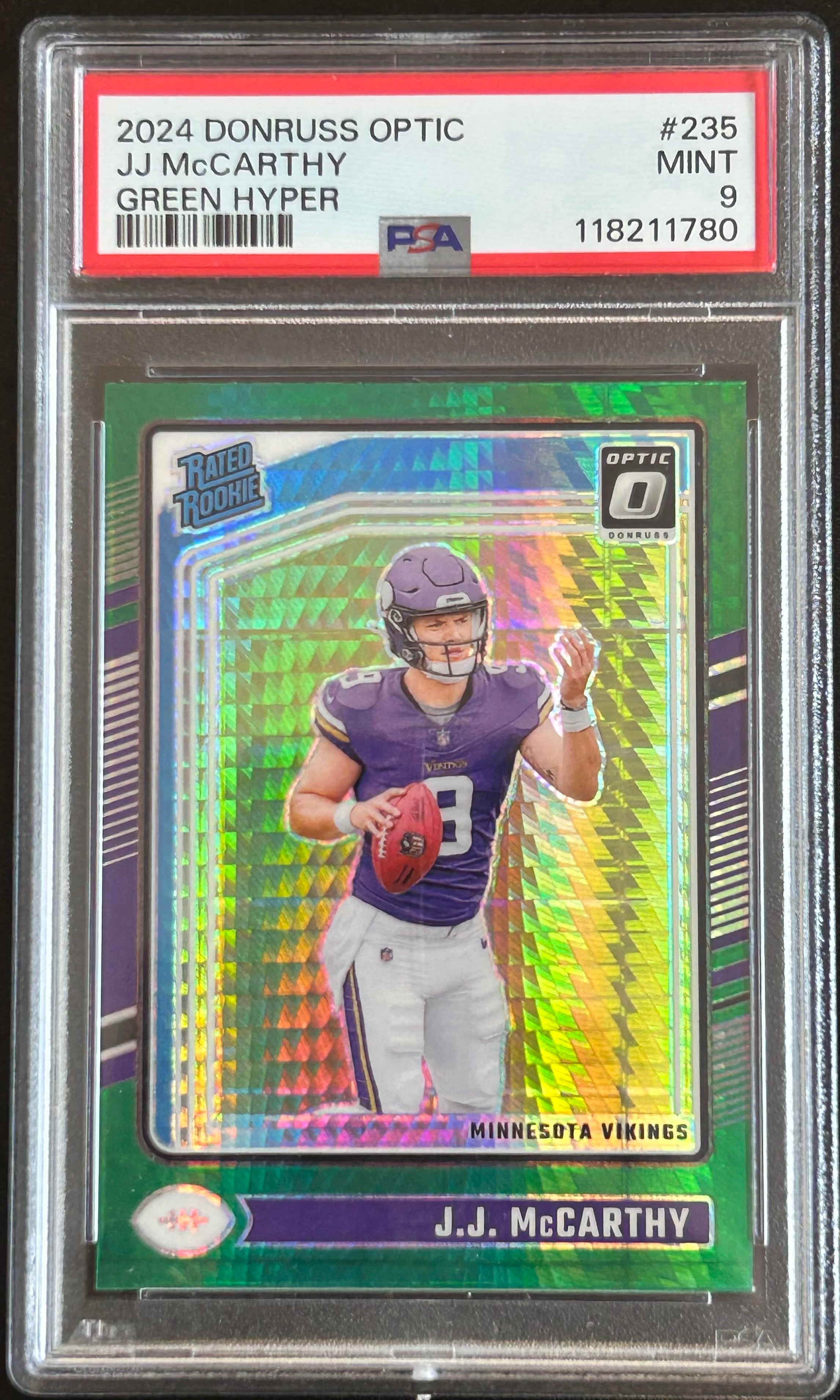 JJ McCarthy 2024 Donruss Optic #235 Green Hyper PSA 9