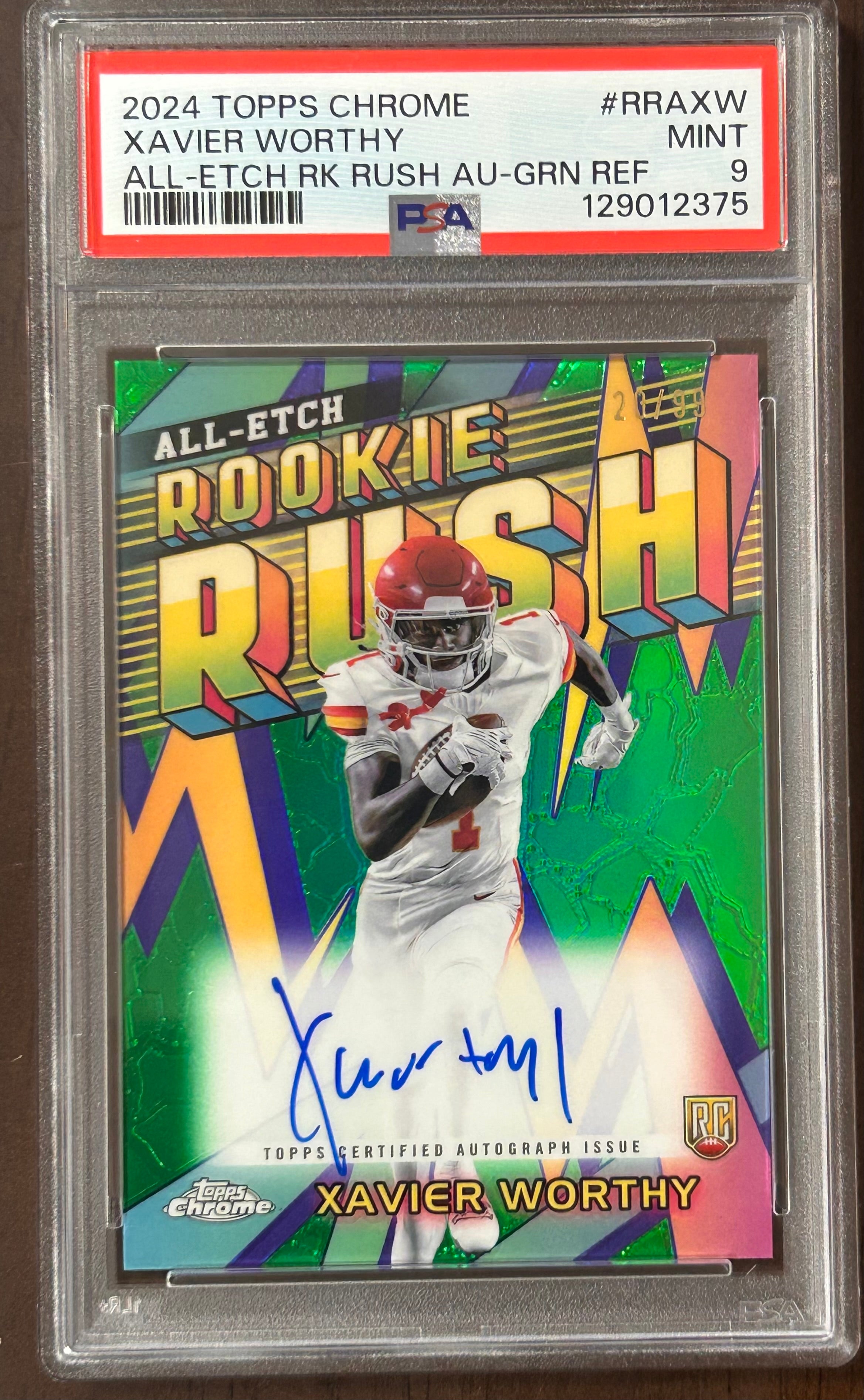 [12375] 2024 Zavier Worthy Topps Chrome #RRAXW All-Etch RK Rush AU-GRN Refractor PSA 9 rookie 20/99