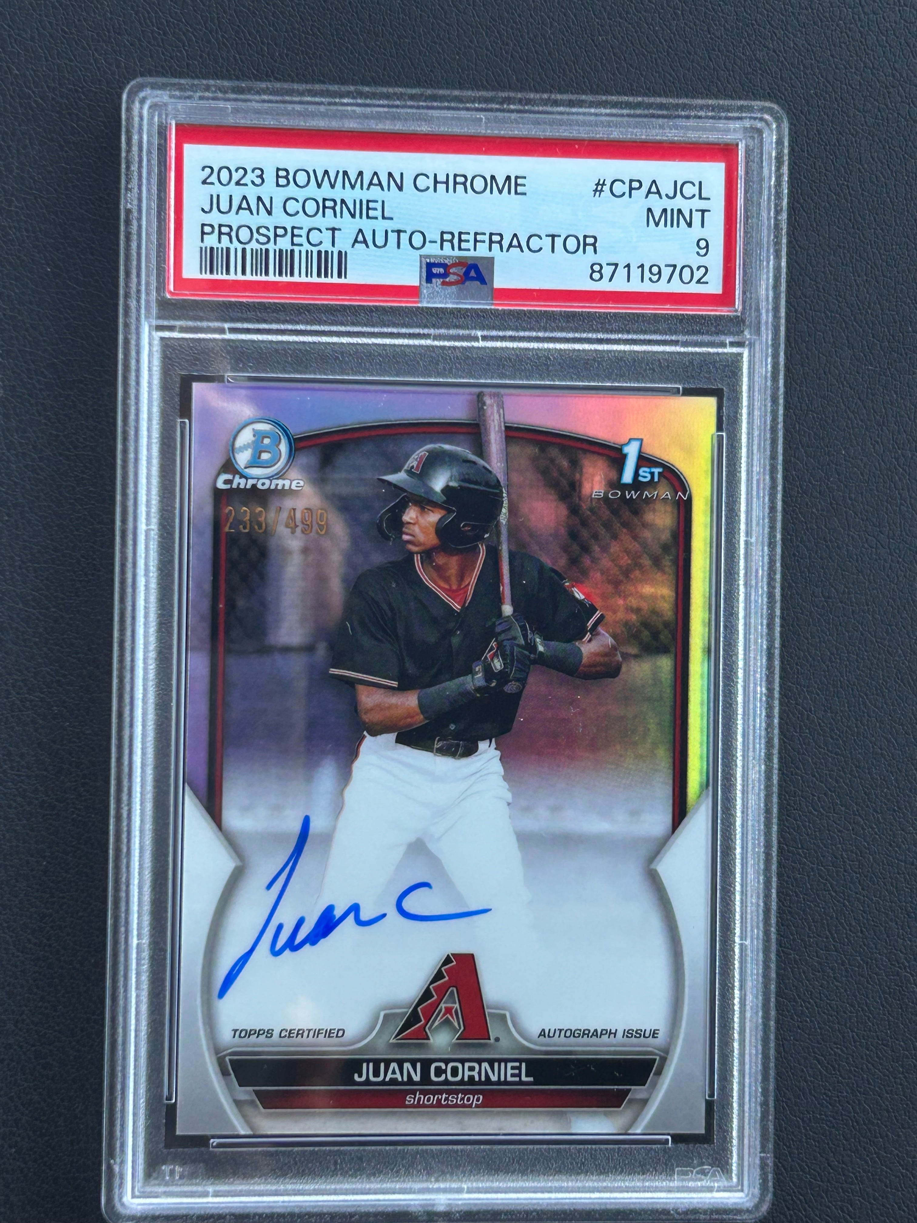 [19702] Juan Corniel 2023 Bowman Chrome #CPAJCL Prospect Autograph Repfractor /499 PSA 9
