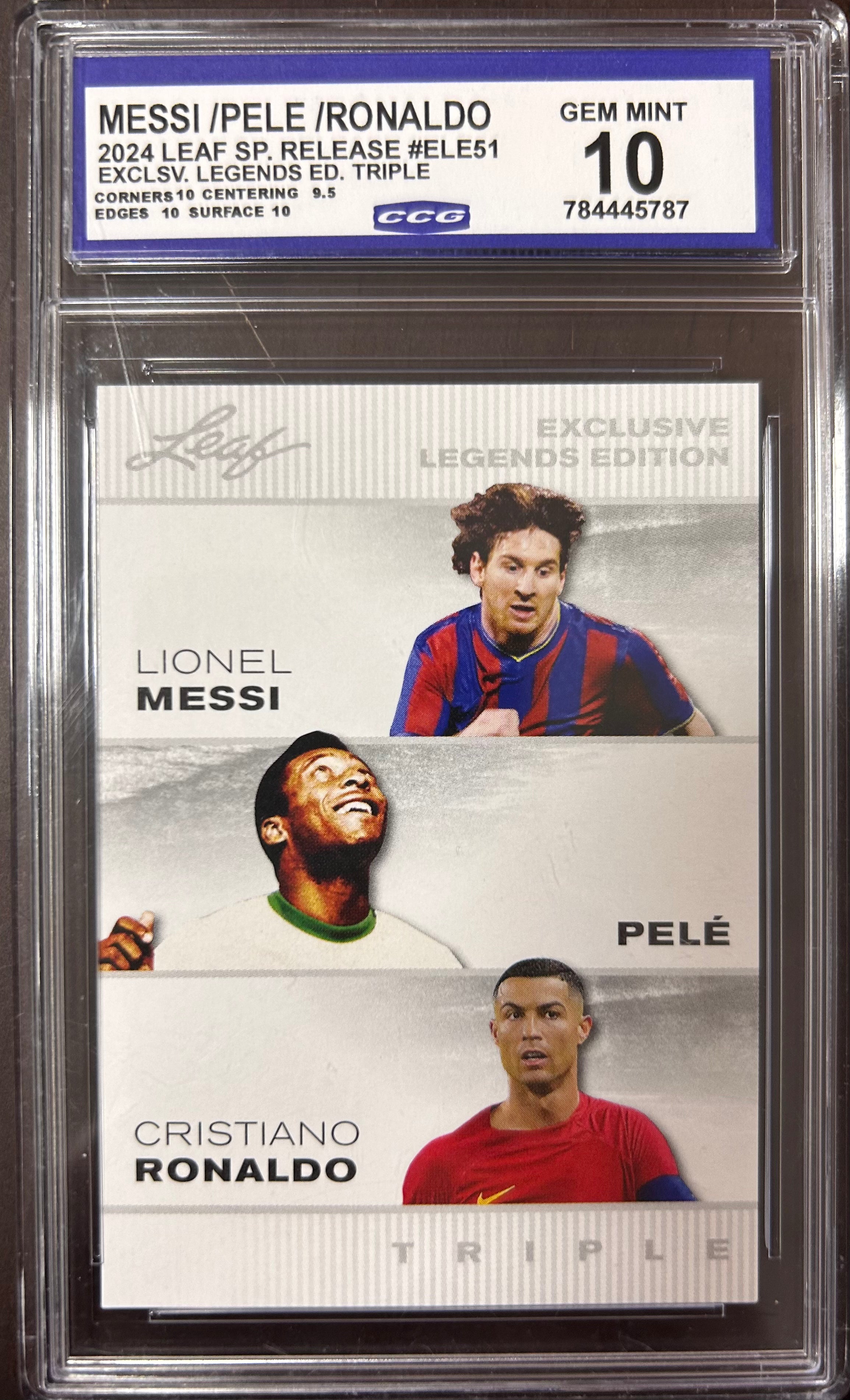 Messi/Pele/Ronaldo 2024 Leaf Sp. Release #ELE51 Exclusive Legends Edition Triple Gem Mint 10