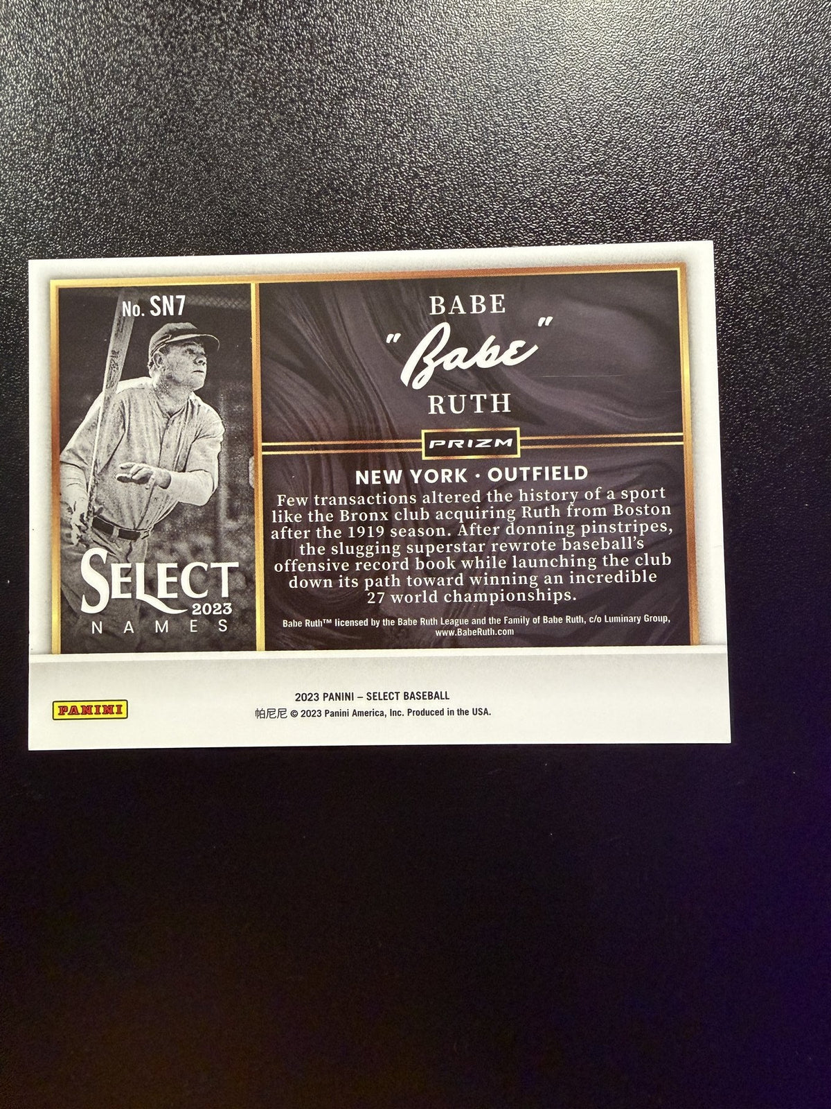 2023 Panini Select Names #SN7 Babe Ruth Prizm back