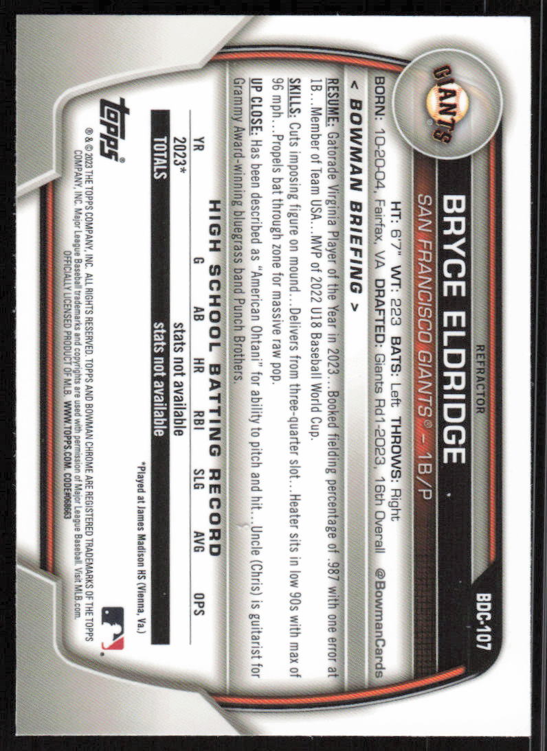 2023 Bowman Draft #BDC-107 Bryce Eldridge Chrome Refractor back