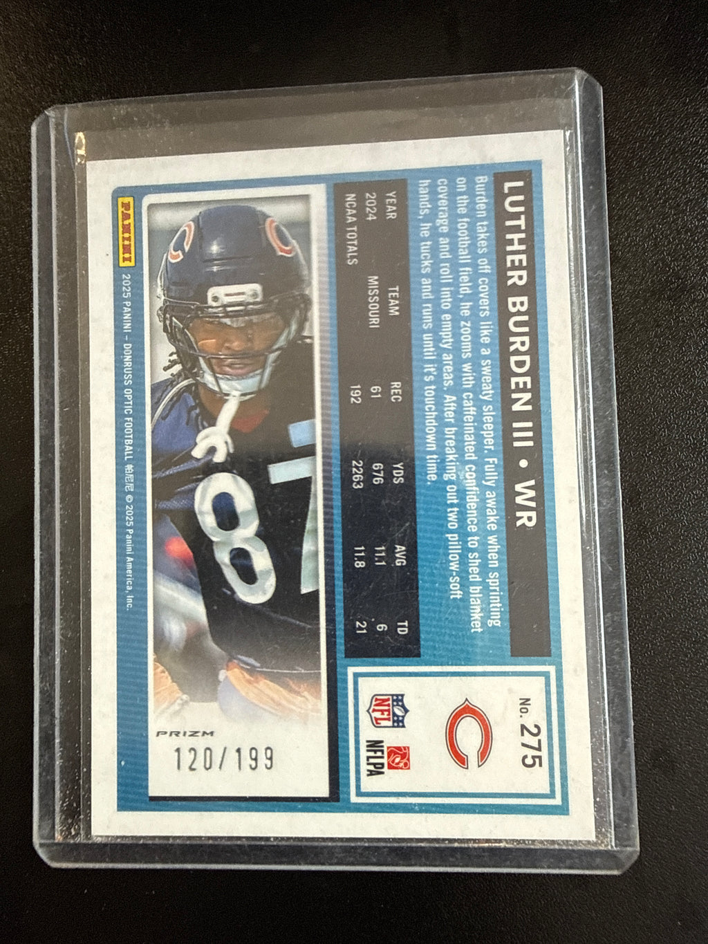 2025 Donruss Optic #275 Luther Burden III Rated Rookie Lime Green Prizm #120/199 Chicago Bears back