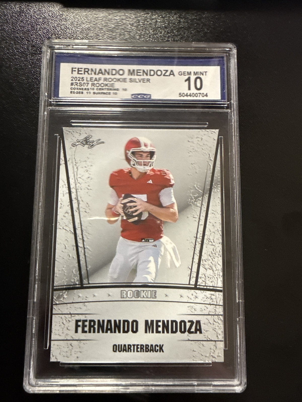 CCG cert 504400704 front slab — 2025 Leaf Rookie Silver #RS07 Fernando Mendoza CCG 10