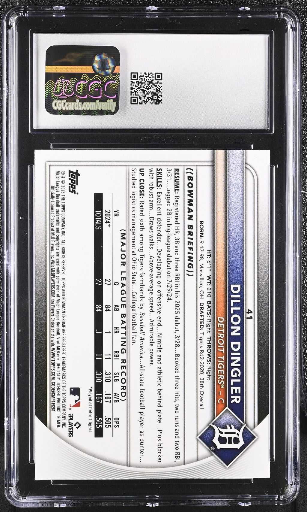 CGC cert 6127786080 back — 2025 Bowman Chrome #41 Dillon Dingler Red Rookie Redemption CGC 10
