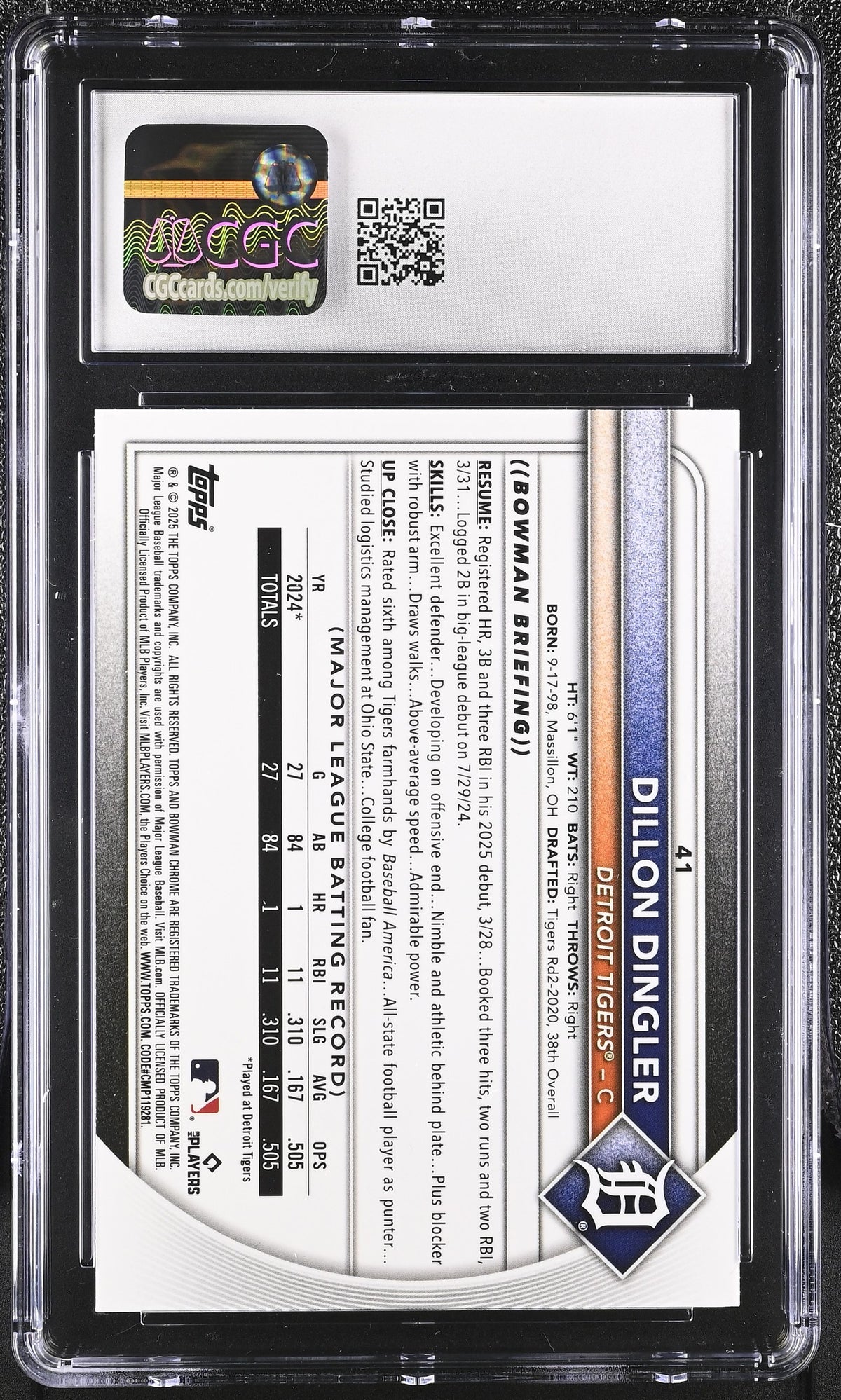 CGC cert 6127786080 back — 2025 Bowman Chrome #41 Dillon Dingler Red Rookie Redemption CGC 10