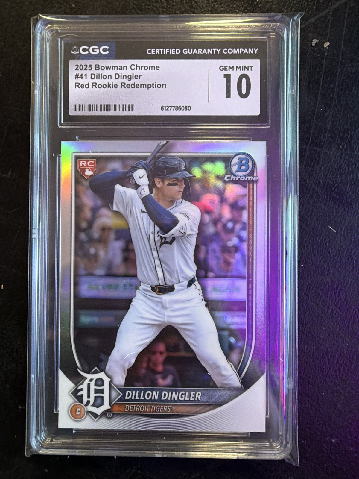 CGC cert 6127786080 front slab — 2025 Bowman Chrome #41 Dillon Dingler Red Rookie Redemption CGC 10