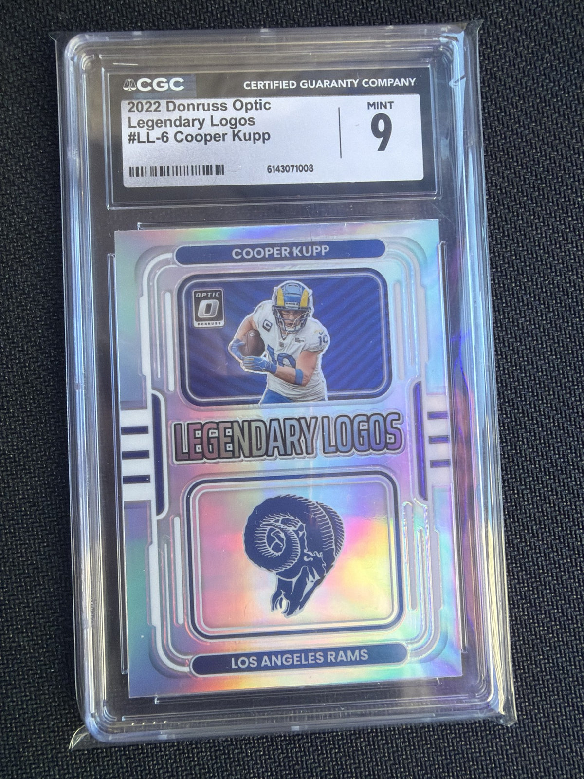 CGC cert 6143071008 front slab — 2022 Donruss Optic Legendary Logos #LL-6 Cooper Kupp CGC 9