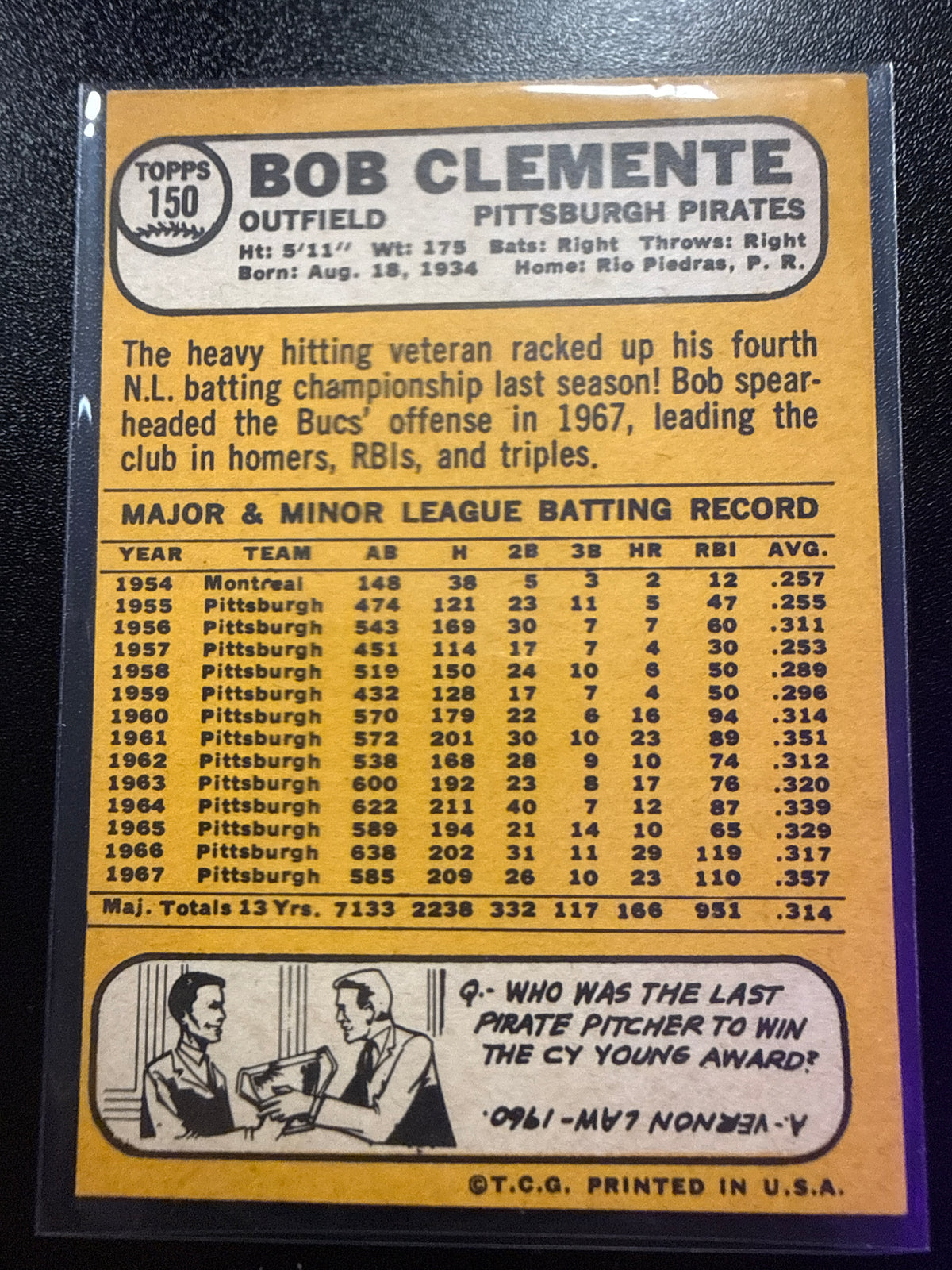 1968 Topps #150 Roberto Clemente Pittsburgh Pirates back