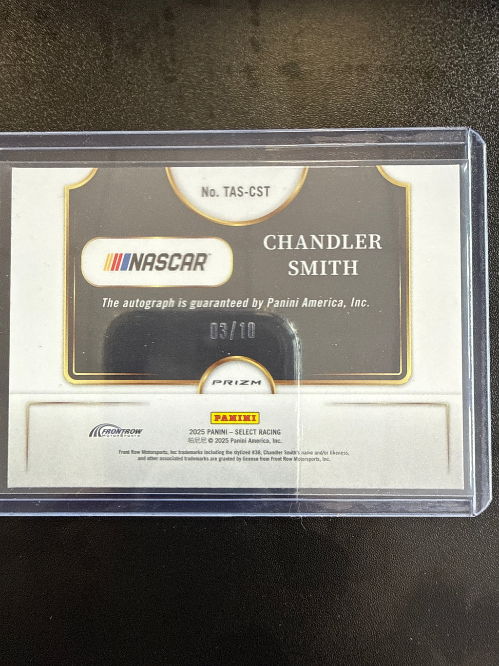 2025 Panini Select Racing Trackside Action Signatures #TAS-CST Chandler Smith Gold Prizm Auto #03/10 back