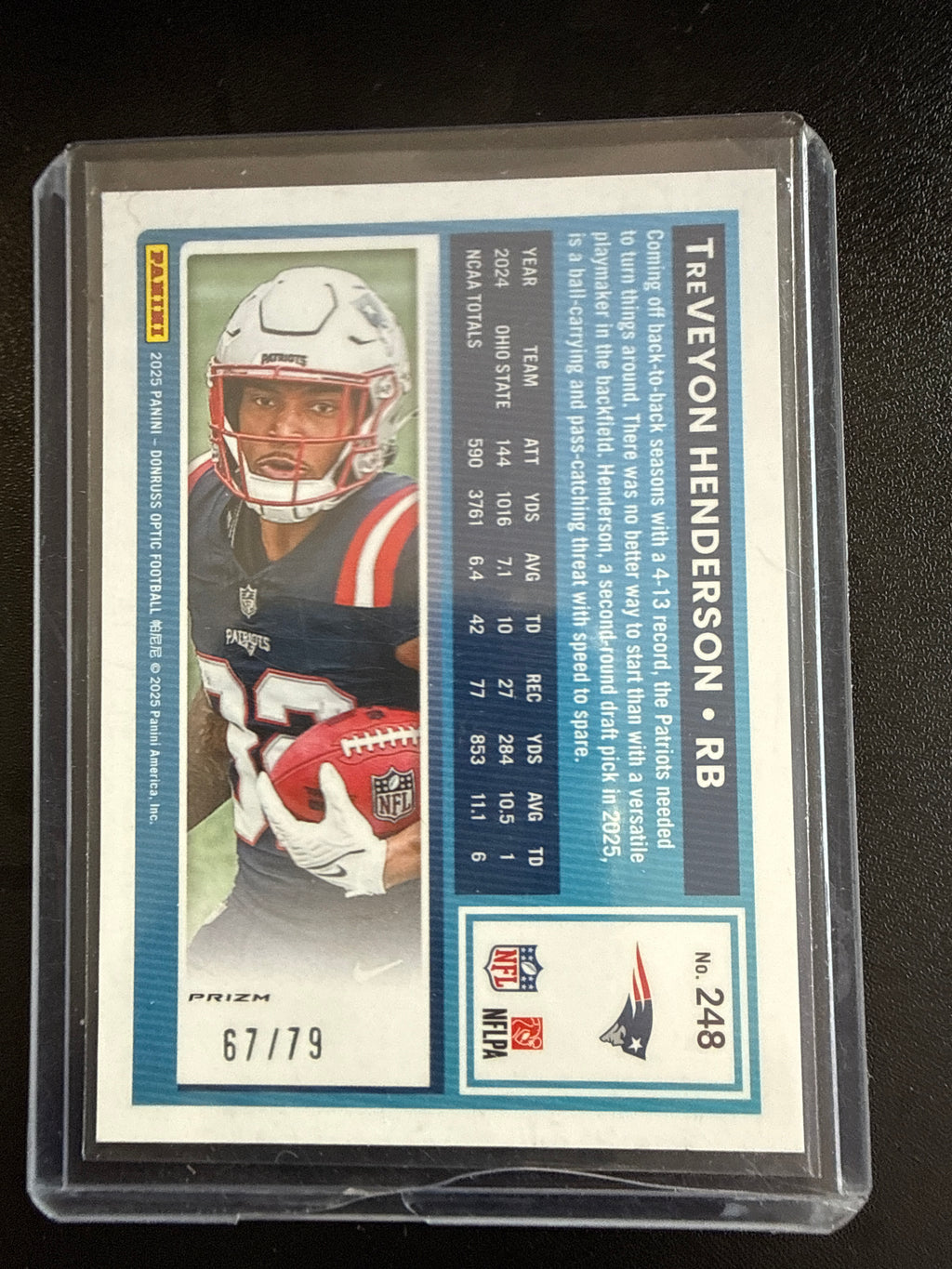 2025 Donruss Optic #248 TreVeyon Henderson Rated Rookie Orange Scope #67/79 New England Patriots back