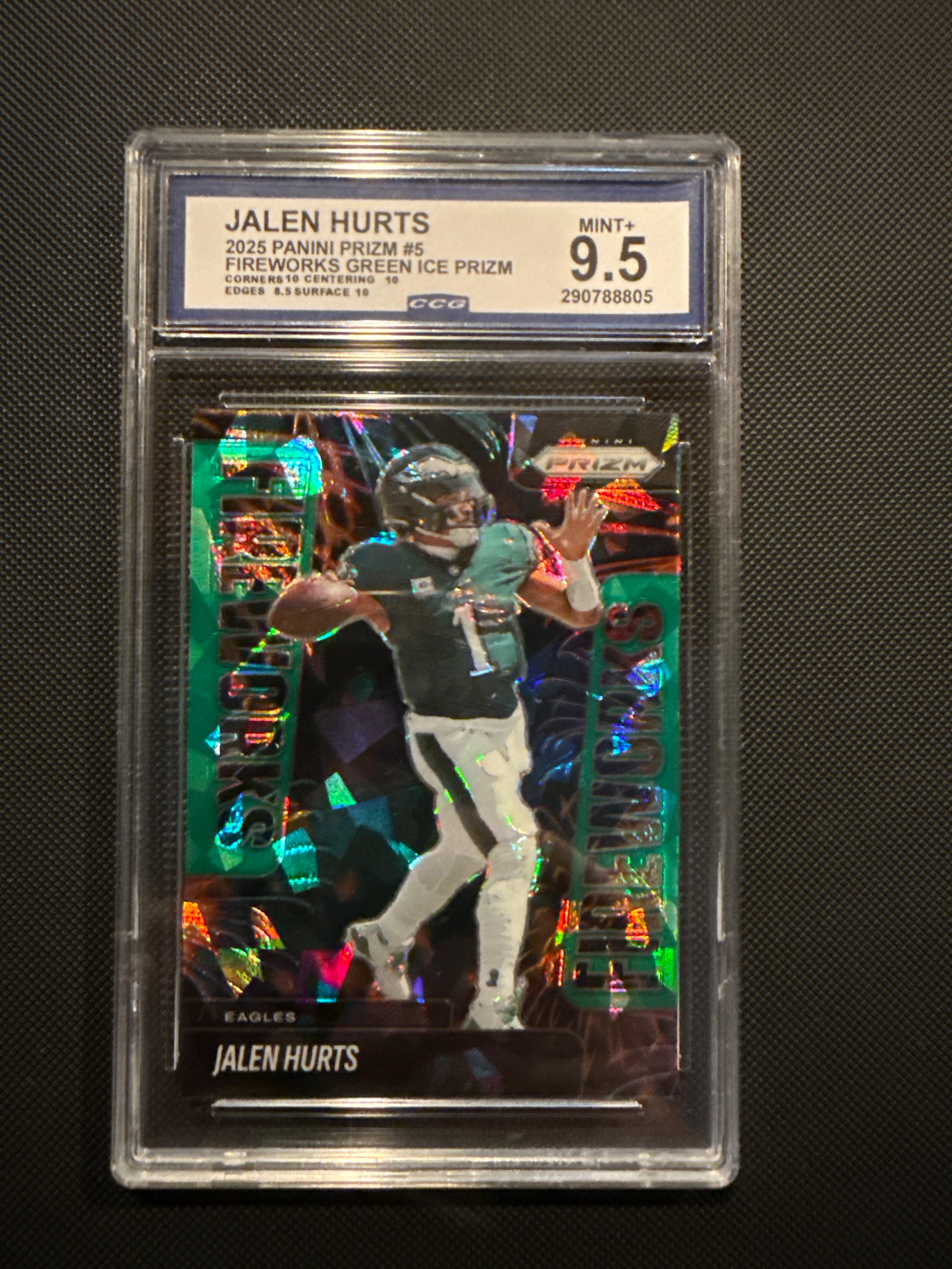 Jalen Hurts 2025 Panini Prizm #5 Fireworks Green Ice Prizm