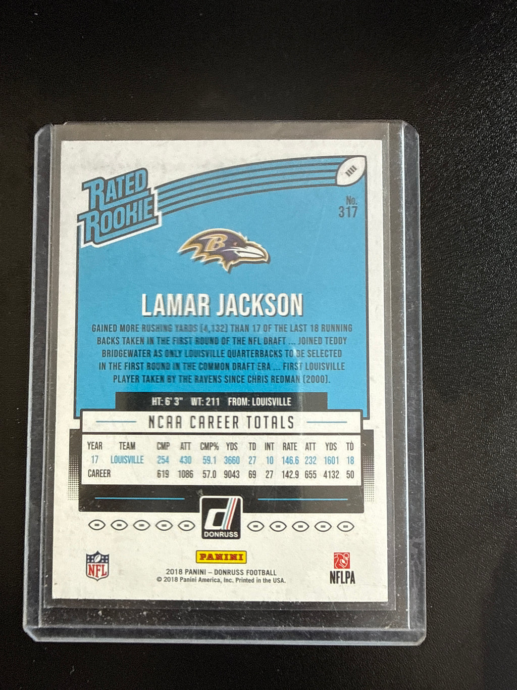 2018 Donruss #317 Lamar Jackson Rated Rookie RC Baltimore Ravens back