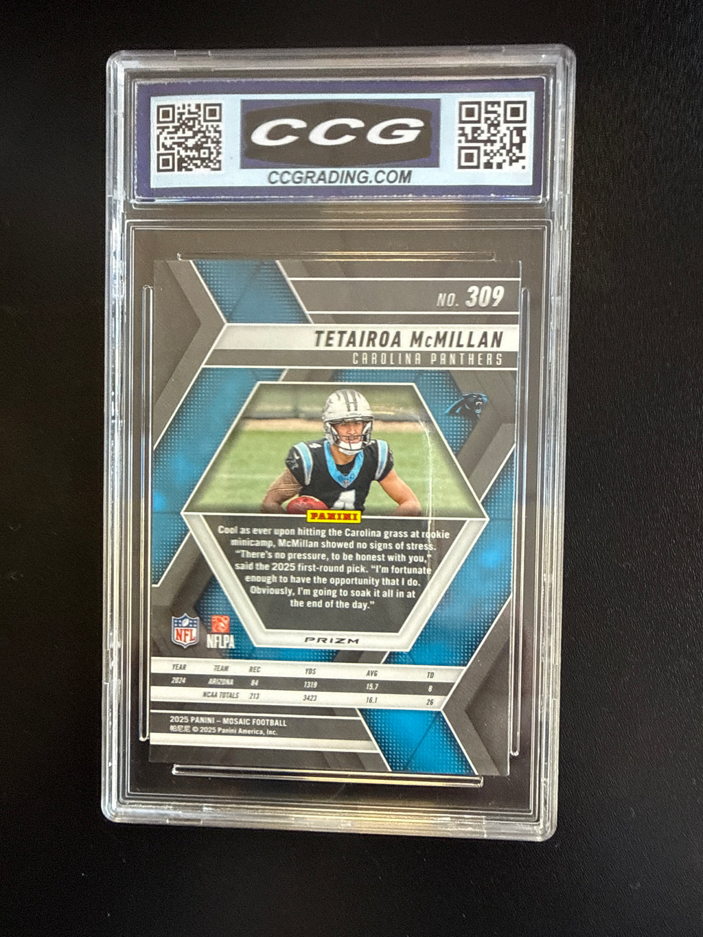 2025 Panini Mosaic #309 Tetairoa McMillan Camo Pink Prizm Rookie RC Carolina Panthers CCG 10 back