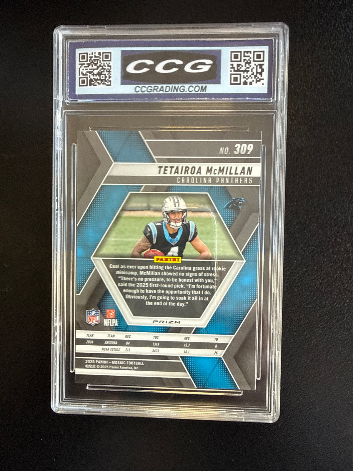 2025 Panini Mosaic #309 Tetairoa McMillan Camo Pink Prizm Rookie RC Carolina Panthers CCG 10 back