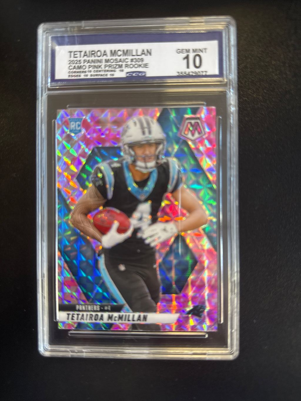 2025 Panini Mosaic #309 Tetairoa McMillan Camo Pink Prizm Rookie RC Carolina Panthers CCG 10 front